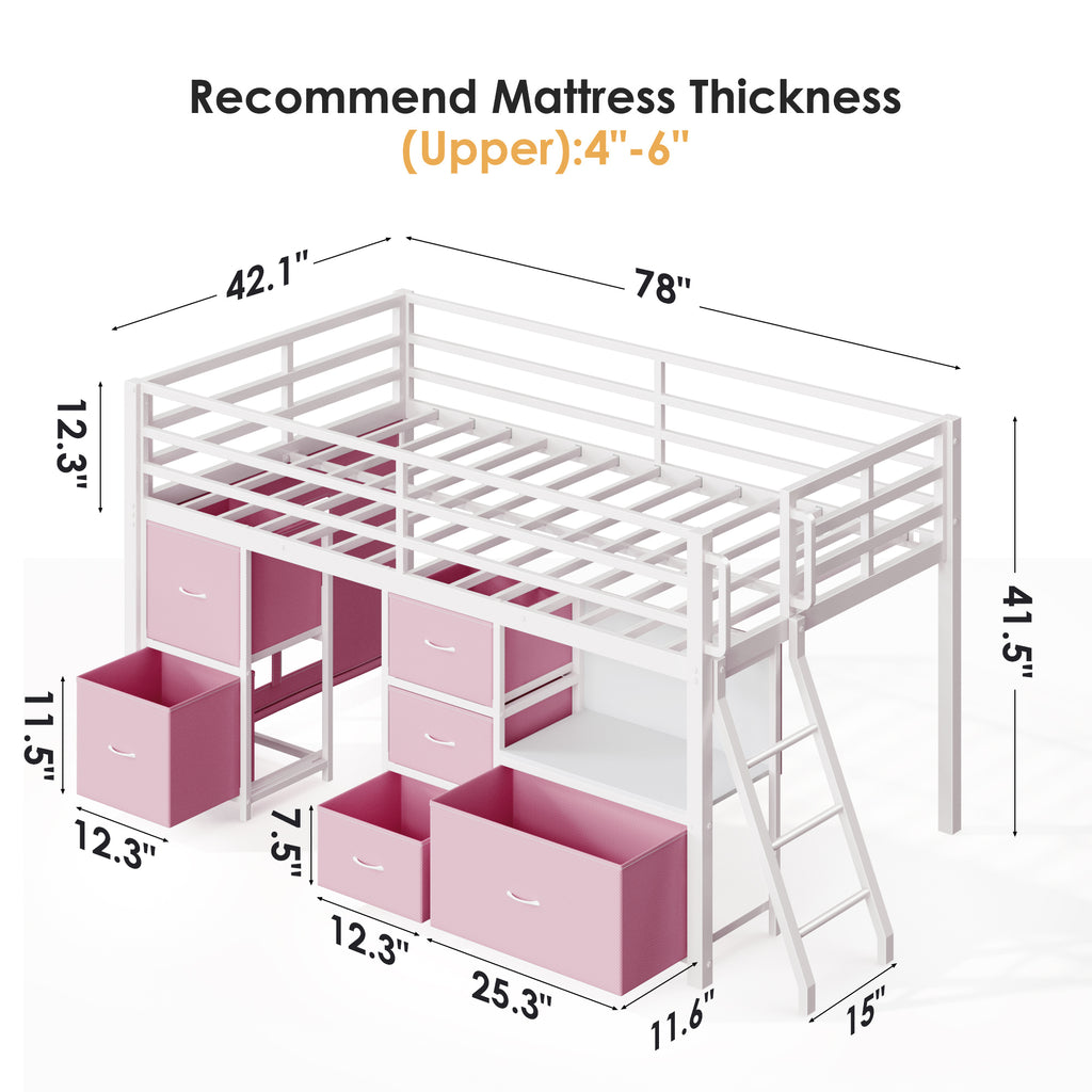 Kdymod Twin Loft Bed with 6 Storage Drawers & Shelf, Loft Bed with LED Lights & Play Curtain, Metal Loft Bed Frame with Ladder & Safety Guardrail, Pink