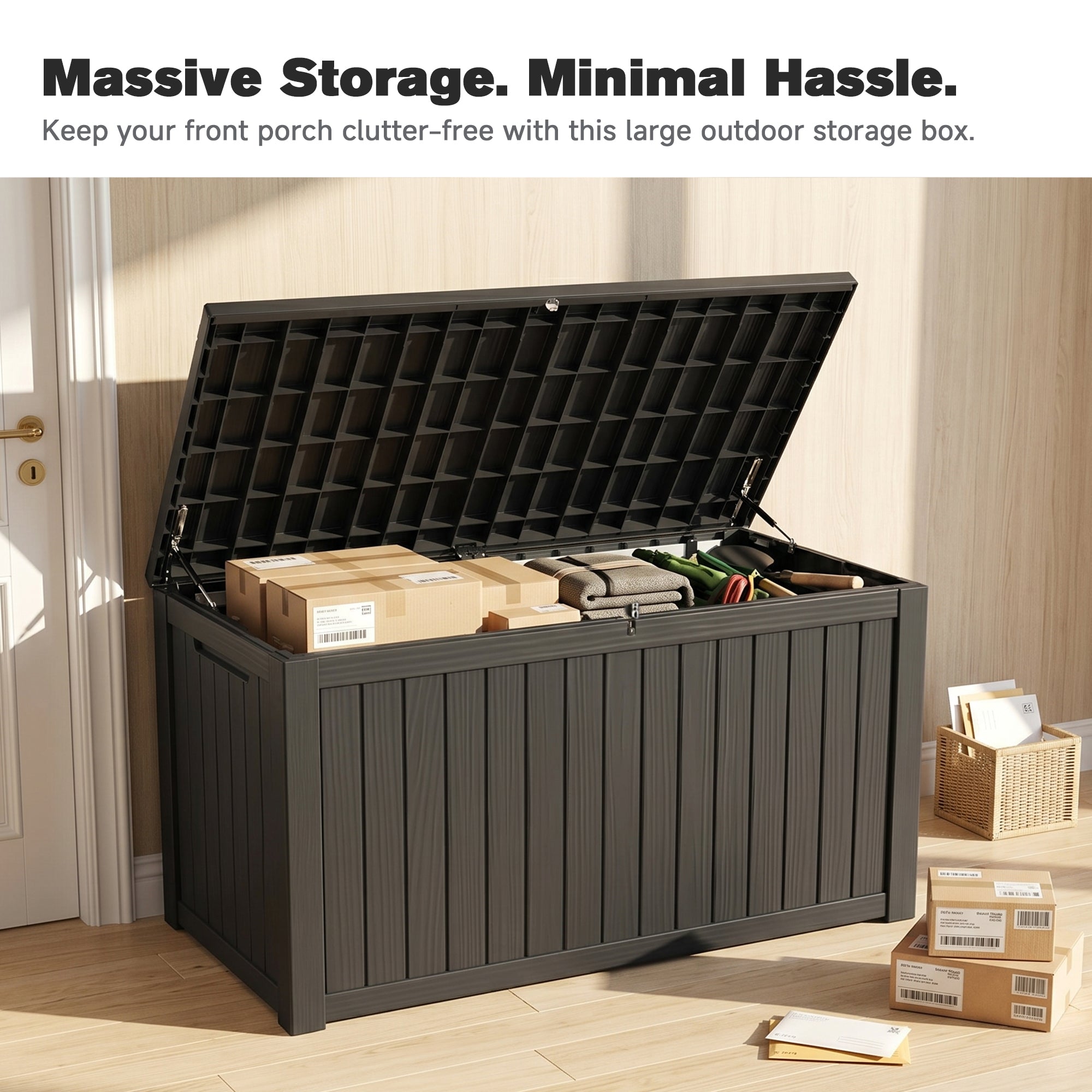 UIOWIO Deck Box Outdoor Storage ,Resin Deck Boxes Outdoor Waterproof UV Resistant with Hundles,Outside Lockable Toy Storage for Pool ,Patio Furniture and Sports Equipment,Black