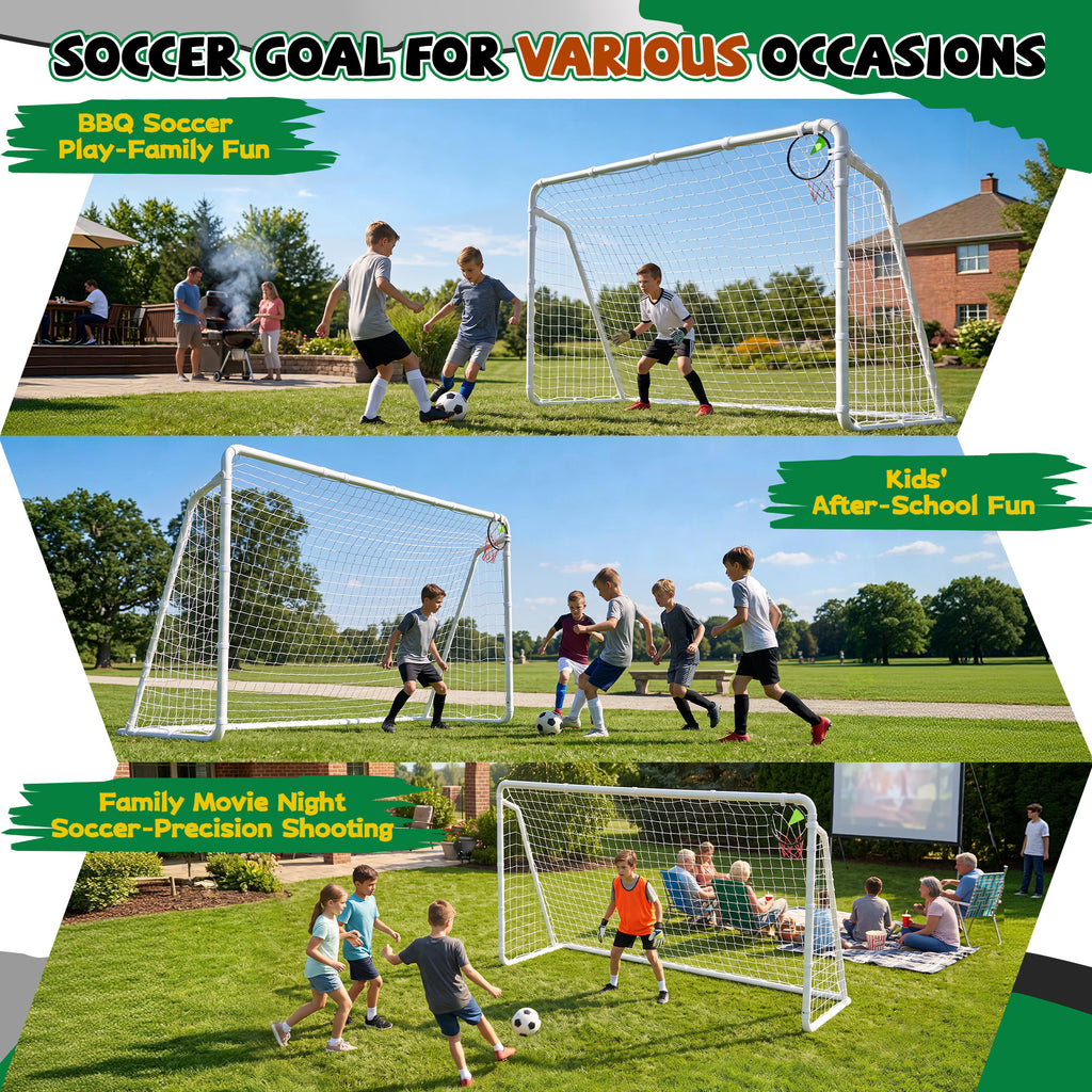 Mersco 10.5x6 FT Soccer Goal for Backyard,Heavy-Duty Metal Soccer Net,Outdoor Soccer Equipment Set, with 6 Soccer Cones & 5 Stakes, Soccer Goal for Kids and Adults,White