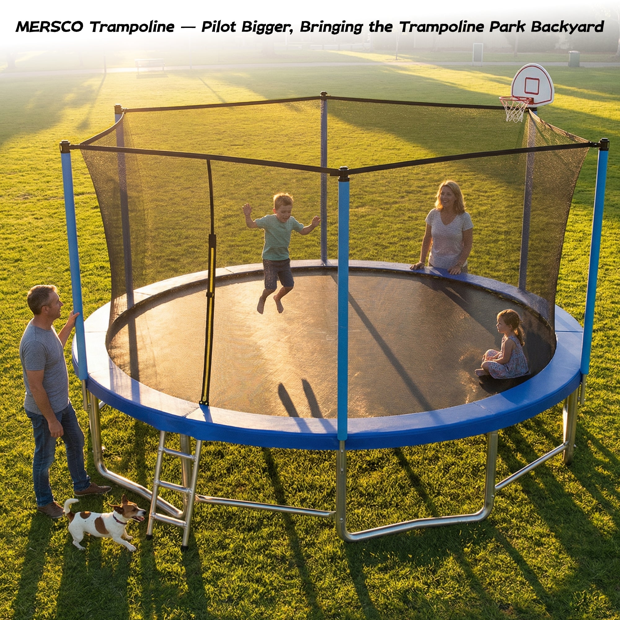 Mersco 15ft Trampoline for Kids Adults,Outdoor Upright-Poled Trampoline with Enclosure,Basketball Hoop and Ladder,Jumping Trampoline PLAY for Boys and Girls Birthday Gift ,Blue