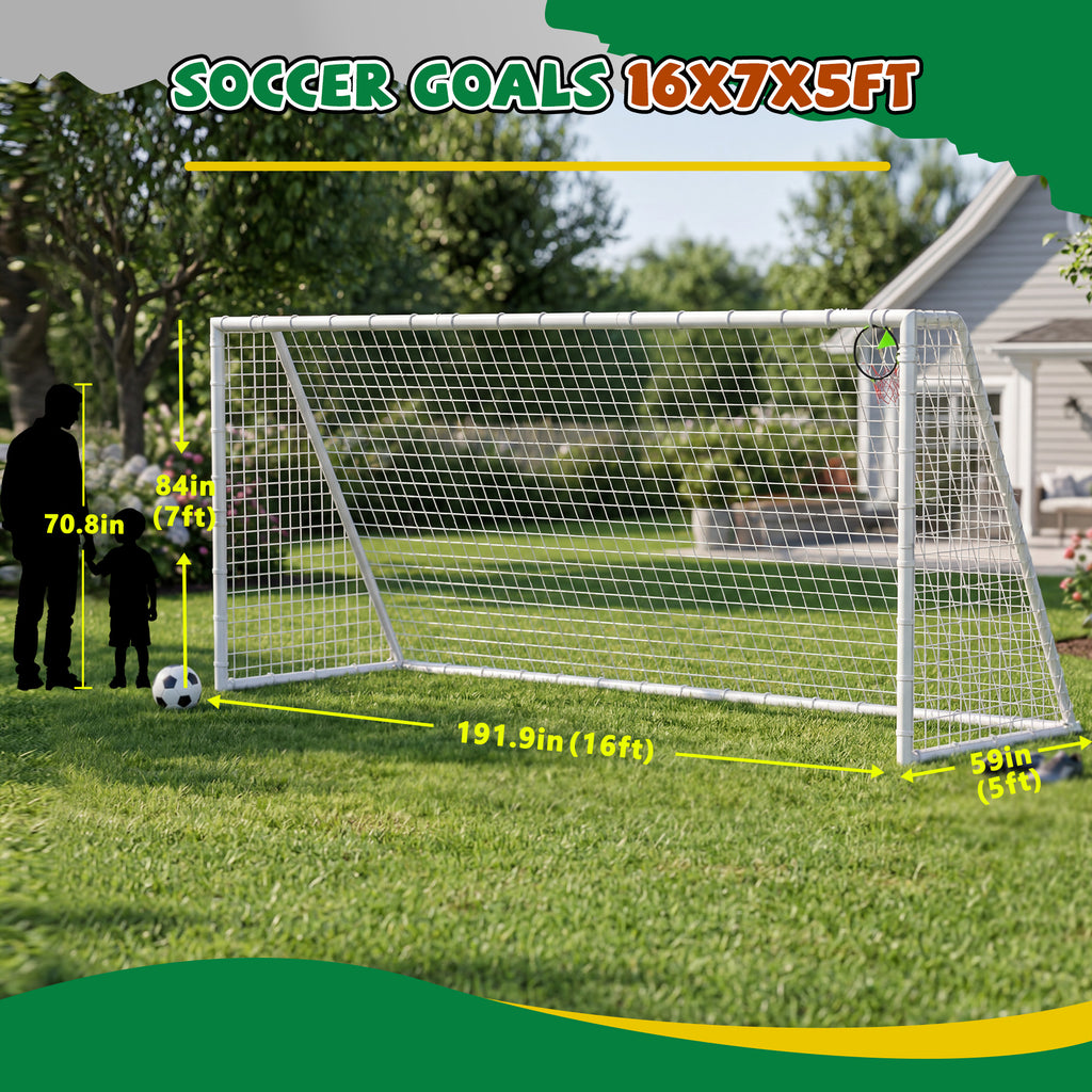 Mersco 16 x 7FT Portable Soccer Goals,Backyard Kids Soccer Net with High-Strength Nets,Soccer Durable Post for Adults Outdoor's Practice Training,Toddler Soccer Toddler Goal for Sports Games,White