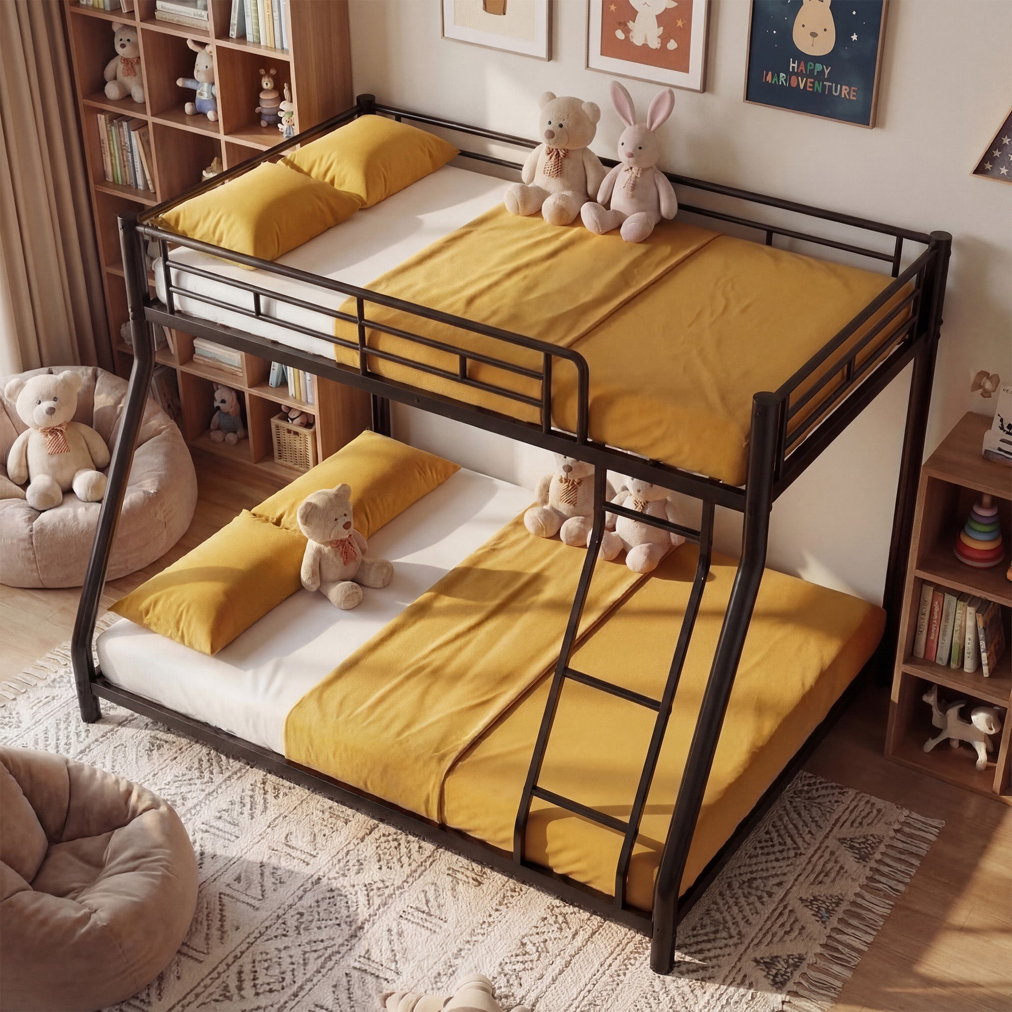 Netrum Twin over Full Bunk Bed for Teens Adults,Heavy Duty Metal Bunk Beds Frame with Ladder,Twin Full Size Bed Bunk Bed with Safe Guardrail for Small Rome,Black