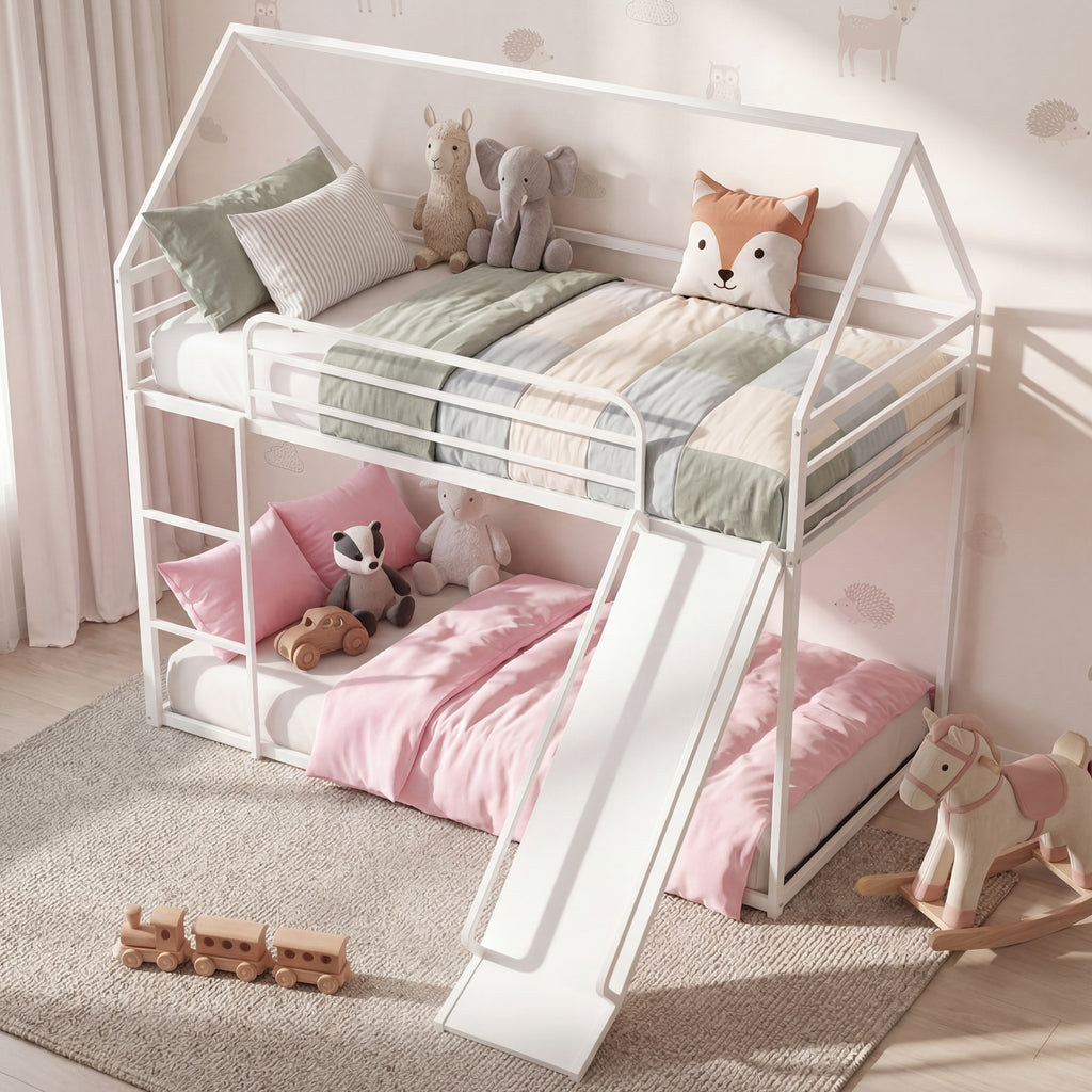 Uiowio Twin over Twin Bunk Bed with Stairs, Floor Bunk Bed Frame with Convertible Slide, Heavy Duty Metal Low Bed with House Shape and Roof, White