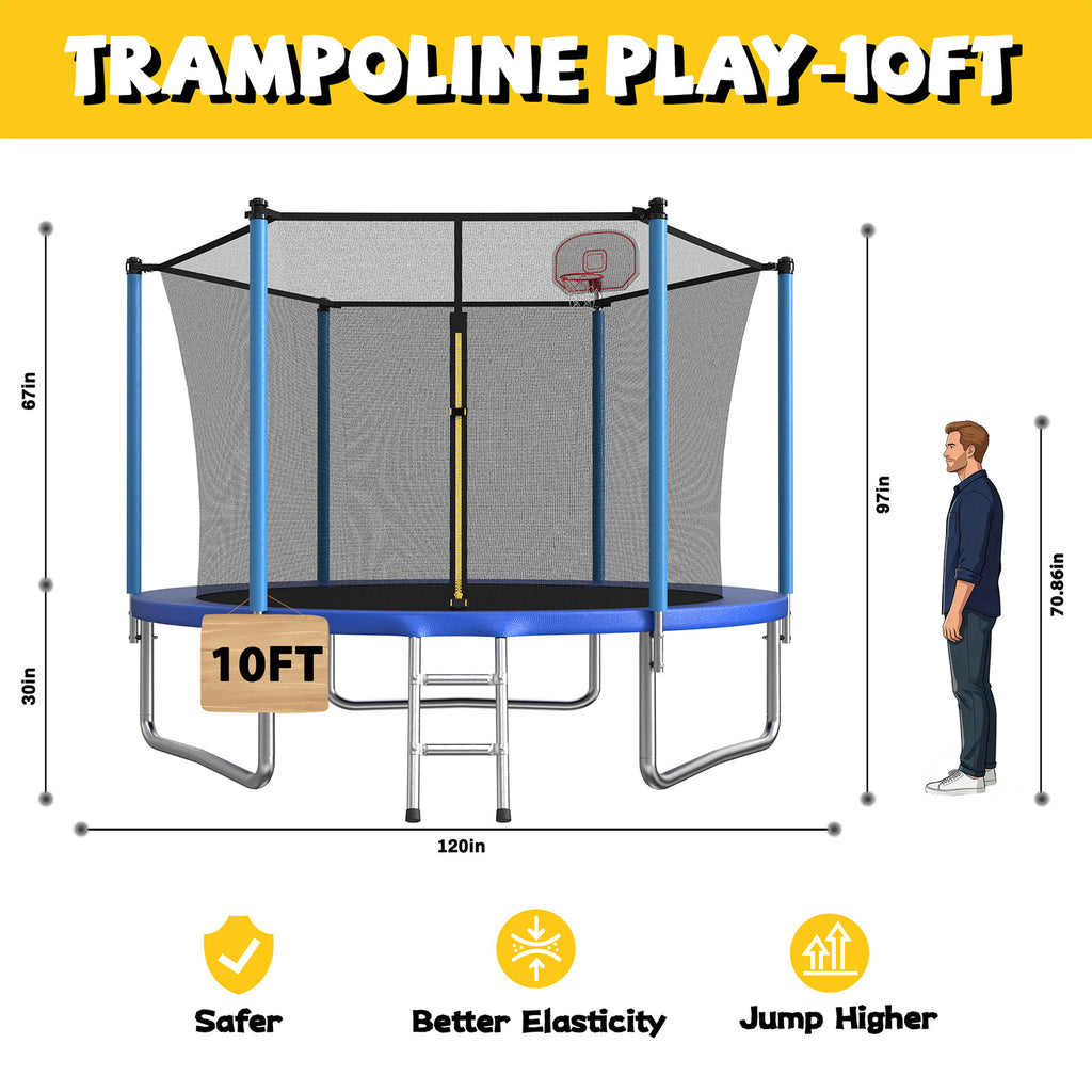 Mersco 10ft Trampoline for Kids,Outdoor Trampoline with Enclosure,Basketball Hoop and Ladder,Upright-Poled Backyard Trampoline PLAY for Family Fun,Jumping Trampoline fo Birthday Gifts,Blue