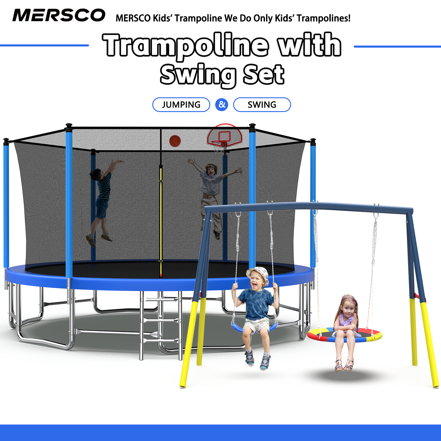 Mersco 15FT Heavy Duty Trampoline with Enclosure Net ,Swing Set Outdoor Big Trampoline for Backyard,Kids Trampoline with Basketball Hoop,Birthday and Holiday Gifts for Kids Jumping Trampoline,Blue