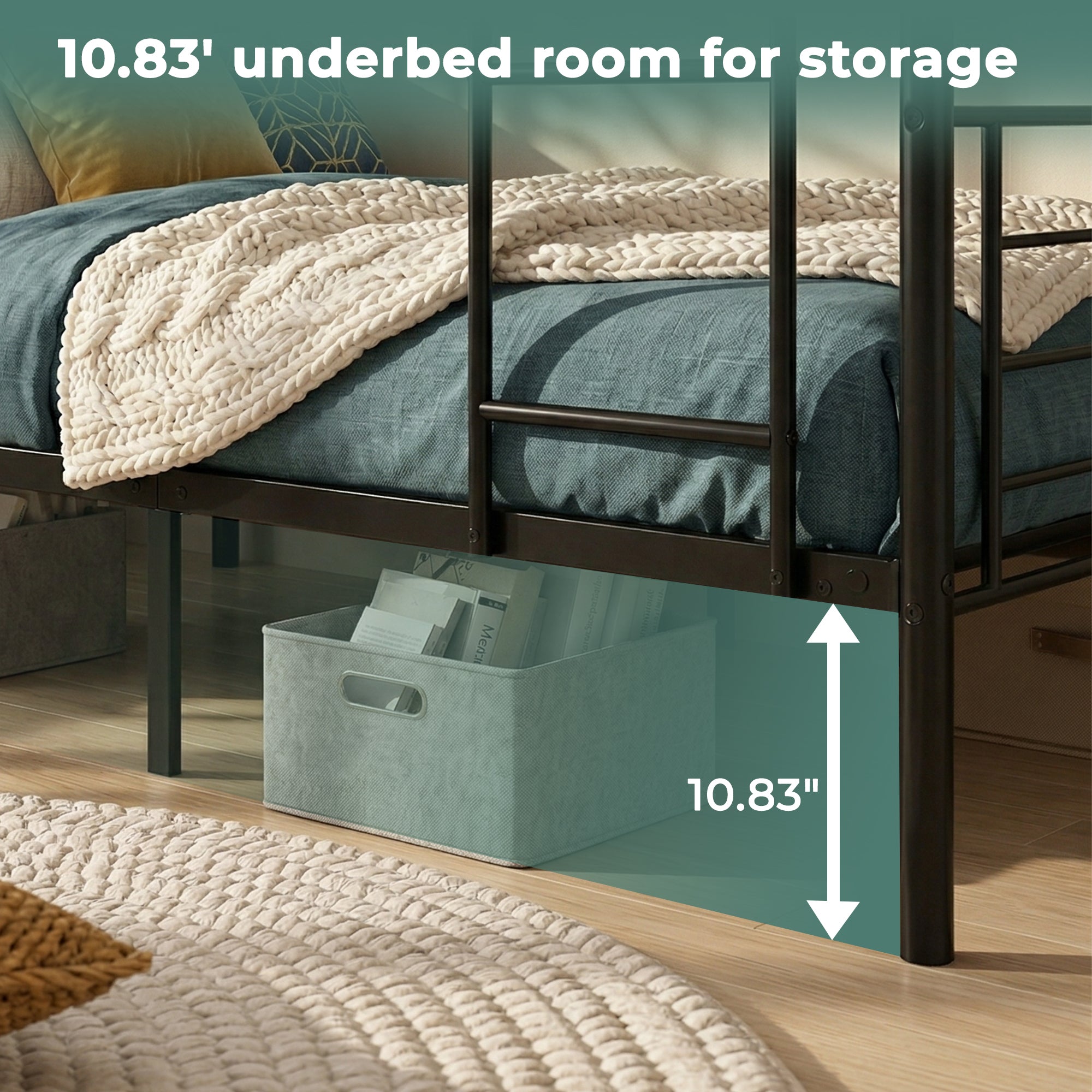Uiowio Twin over Twin Metal Bunk Bed with Built-in Ladder & Safety Guardrail, Space-Saving Bunk Beds Frame with Storage for Bedroom & Dorm Room, Black