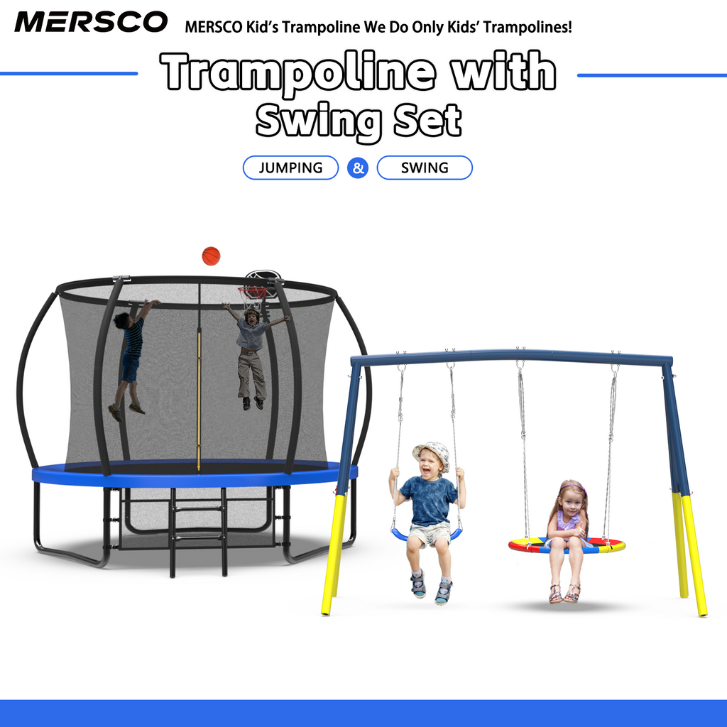 Mersco 10FT Heavy Duty Trampoline with Enclosure Net ,Swing Set Outdoor Big Trampoline for Backyard, Kids Trampoline with Basketball Hoop,Kids Birthday and Festival Gifts,Blue