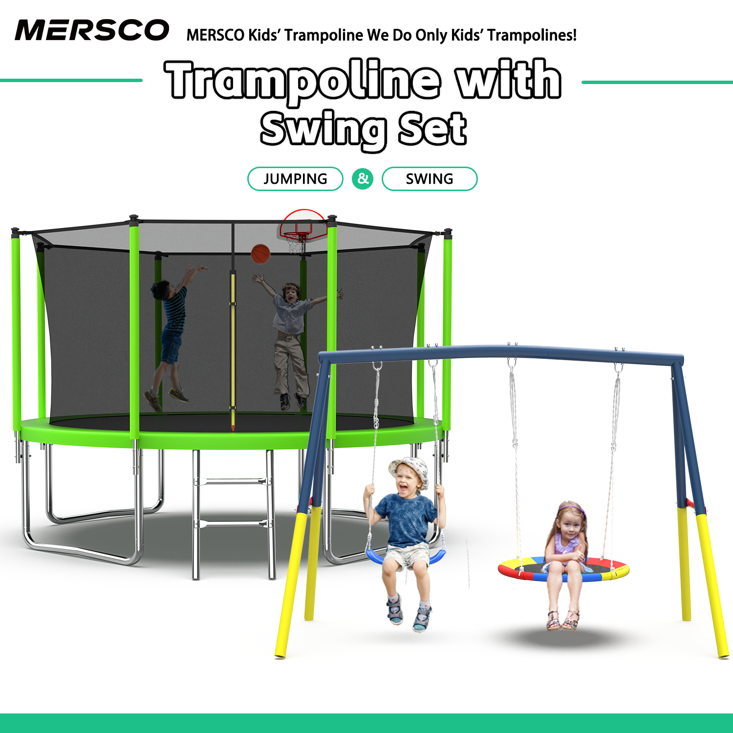 Mersco 12FT Heavy Duty Trampoline with Enclosure Net , Swing Set Outdoor Big Trampoline for Backyard,Kids Trampoline with Basketball Hoop,Birthday and Holiday Gifts for Kids,Green
