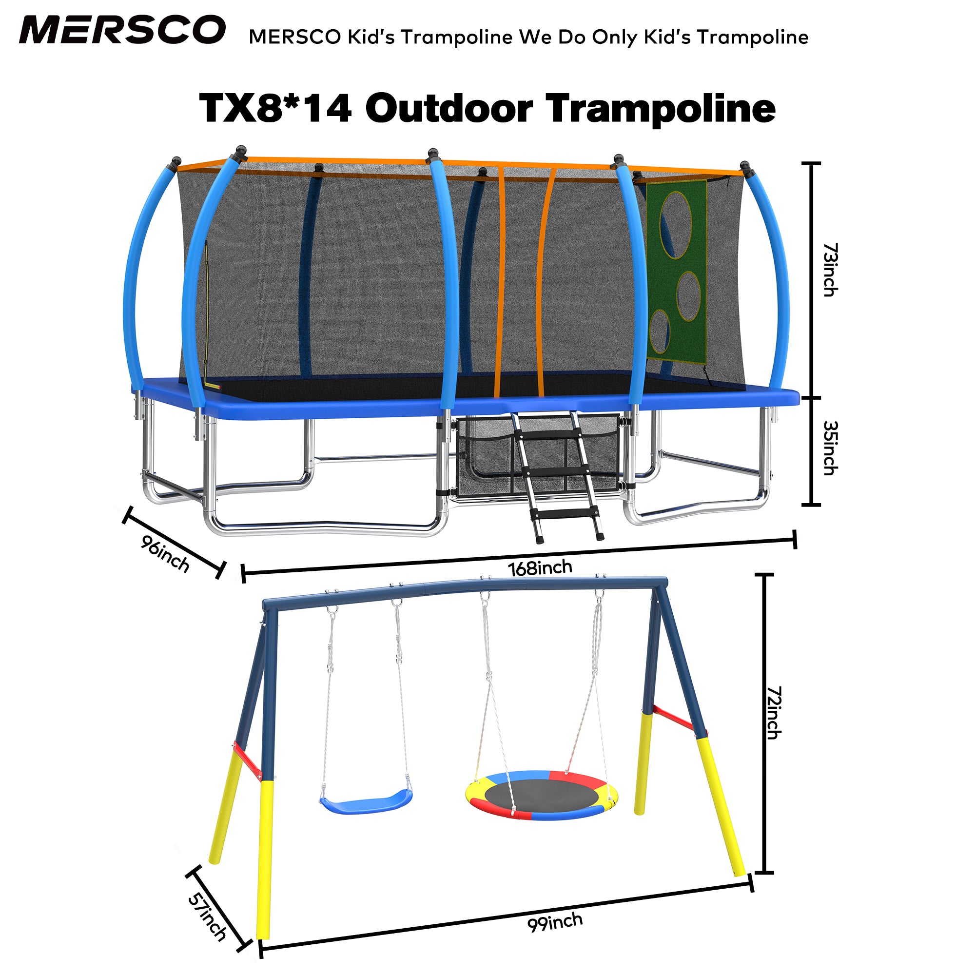 Mersco 8x14FT 4-in-1 Trampoline with Swing Set , Enclosure Net, Recreational Trampoline, Outdoor Kids and Adults Trampoline for Backyard, Beach, Birthday Gifts,Blue