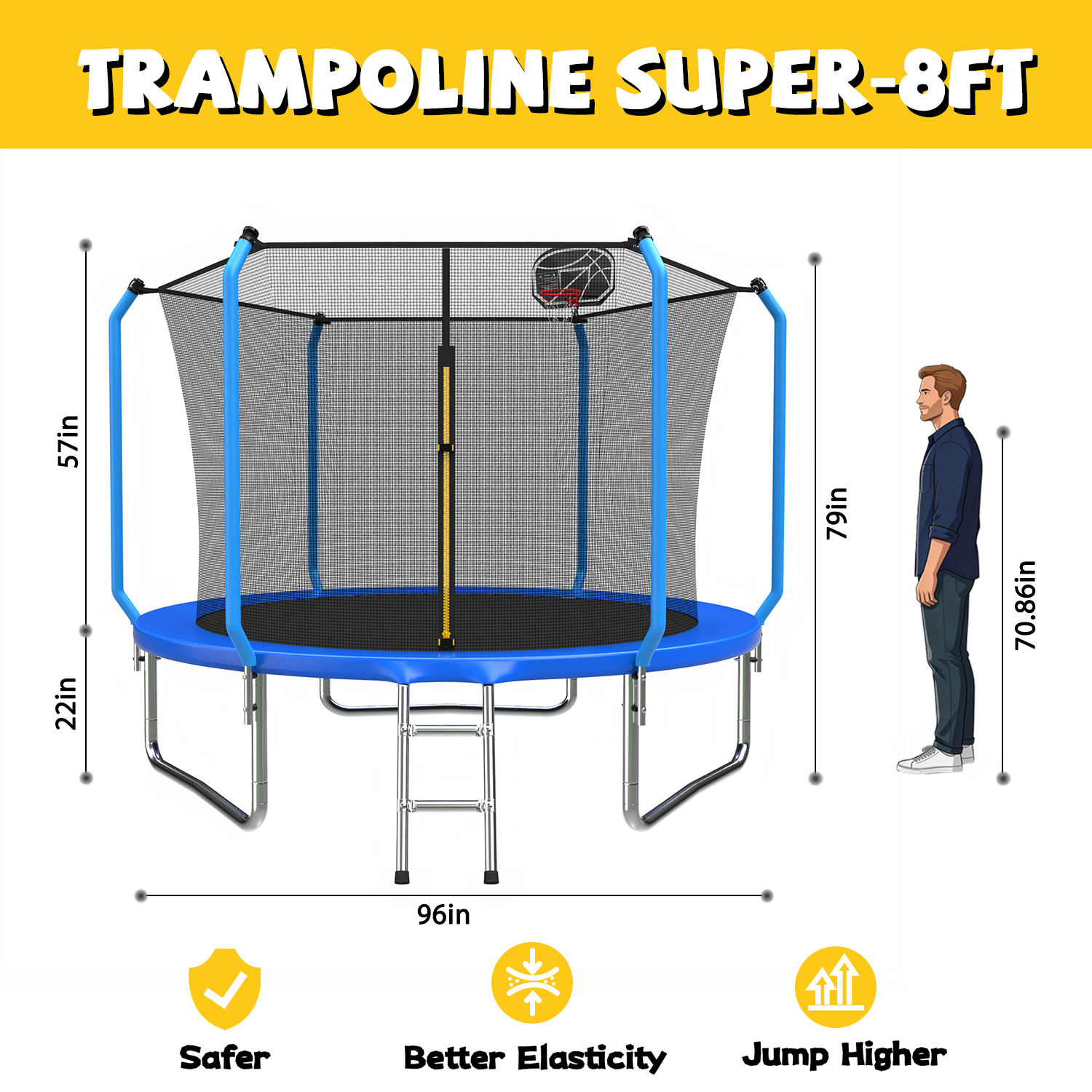 Mersco 8ft Trampoline for Kids and Adults,No-Gap Design Outdoor Trampoline with Basketball Hoop,Enclosure Net and Ladder,Jumping Trampoline SUPER for Boys and Girls Birthday Gift,Blue