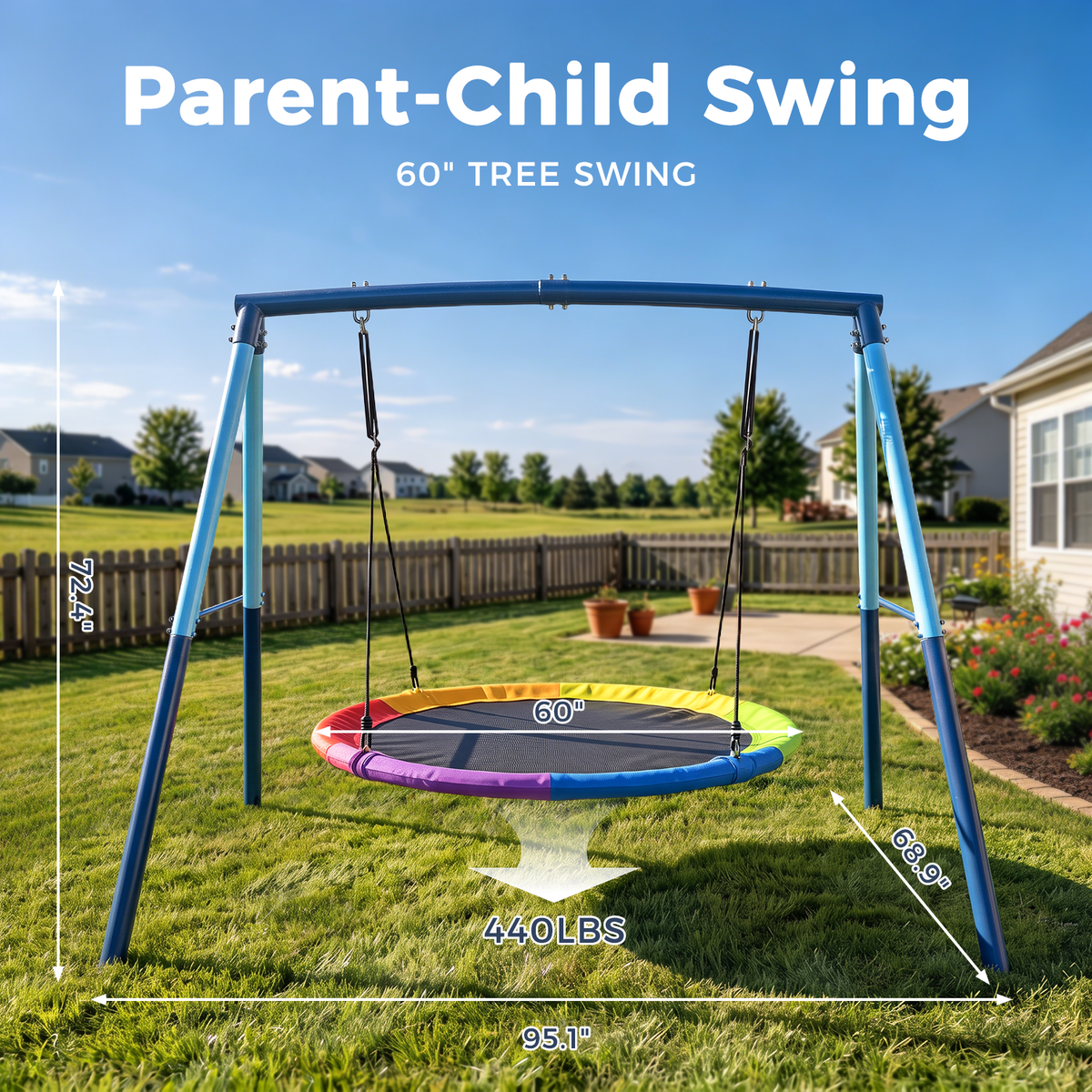 Kdymod 60 Inch Saucer Swing Set with 900D Oxford Disc Seat, Double A‑Frame Heavy Duty Metal Swing Set, Backyard Outdoor Playground for Kids Ages 3‑10, Blue