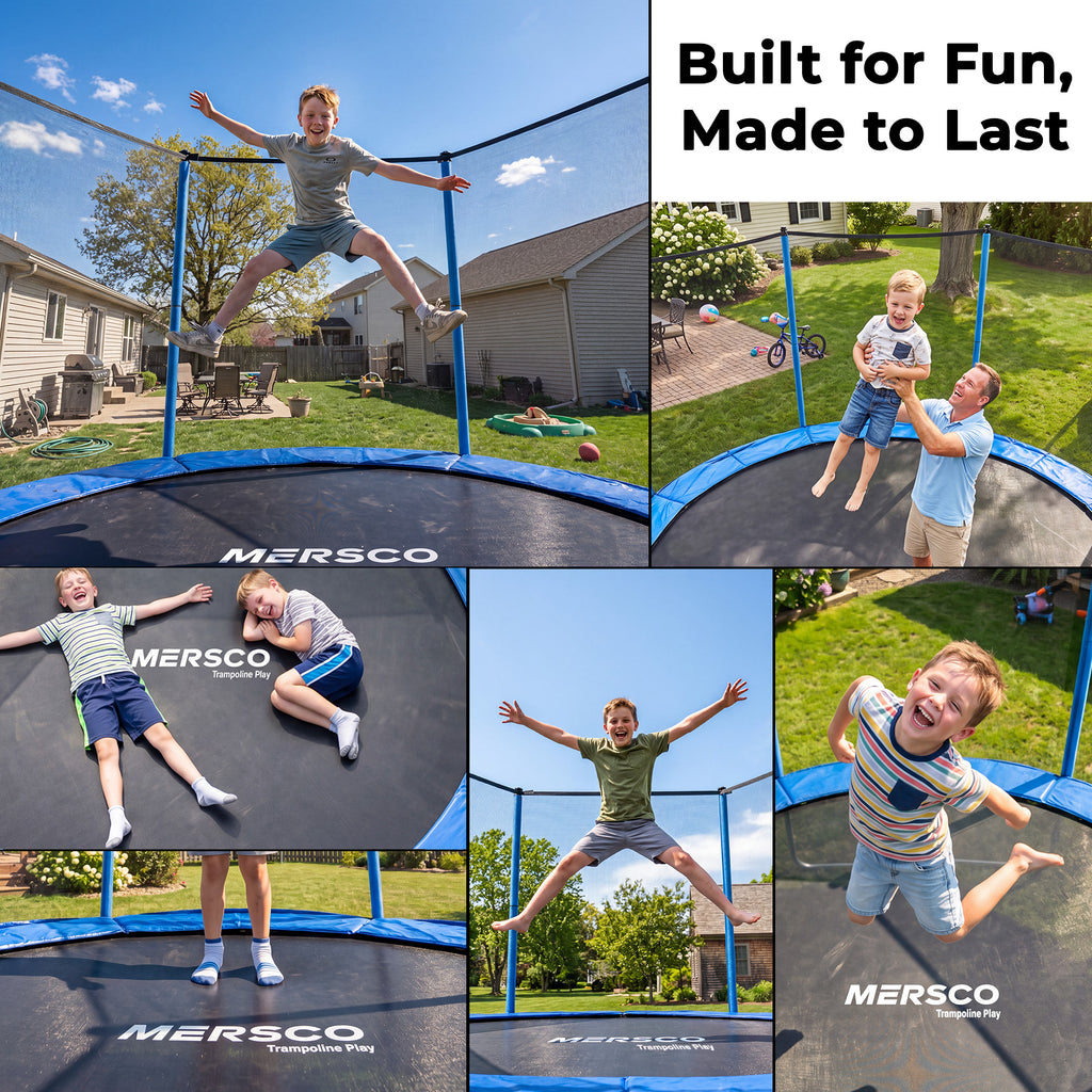 Mersco 10ft Trampoline for Kids,Outdoor Trampoline with Enclosure Net and Ladder,Upright-Poled Backyard Trampoline PLAY for Family Fun,Jumping Trampoline fo Birthday Gifts,Blue