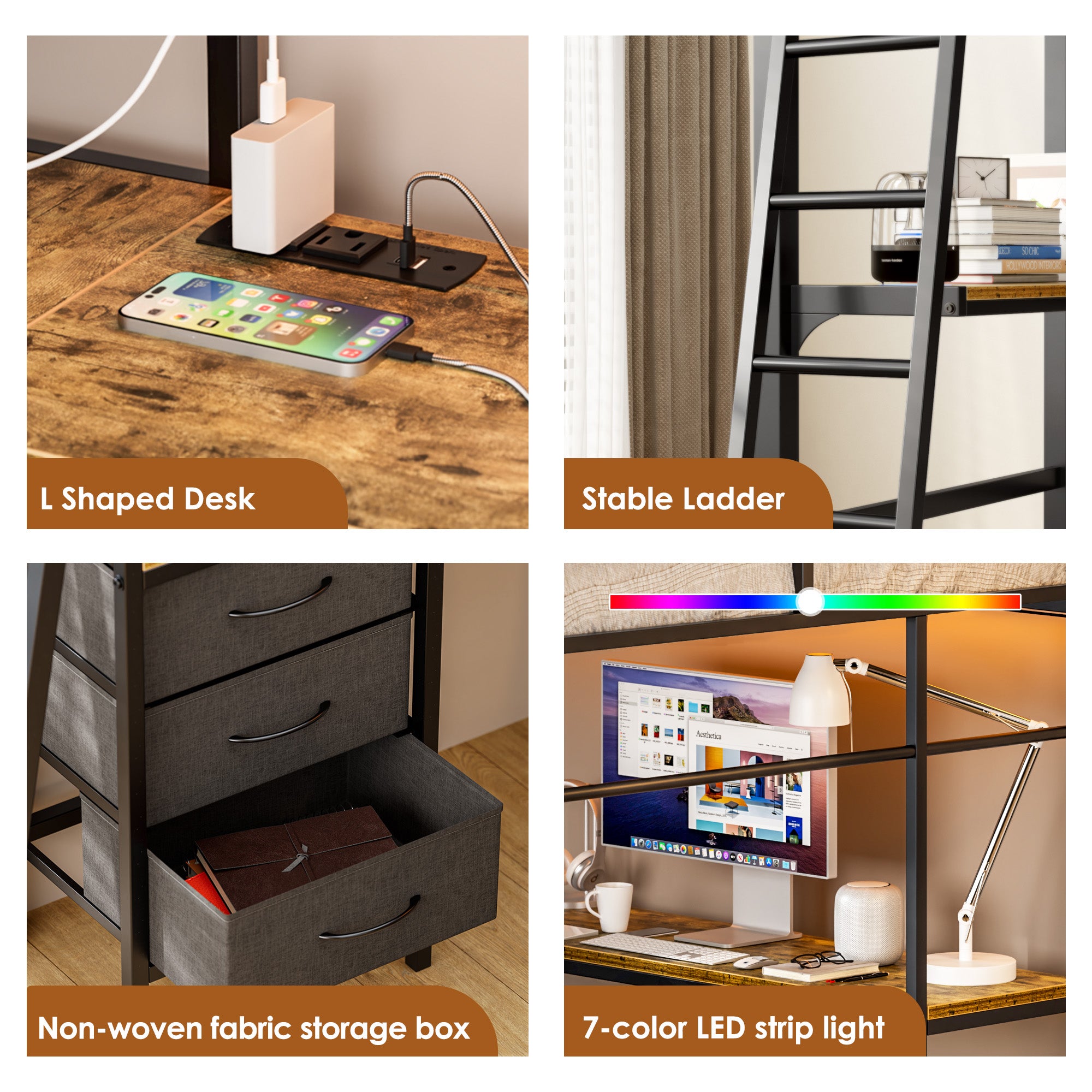 Uiowio Full Metal Loft Bed Frame with L-Shaped Desk & LED Lights & Charging Station, Loft Bed with 3 Fabric Drawers & 2 Storage Shelves, Safety Guard & Stairs, Black