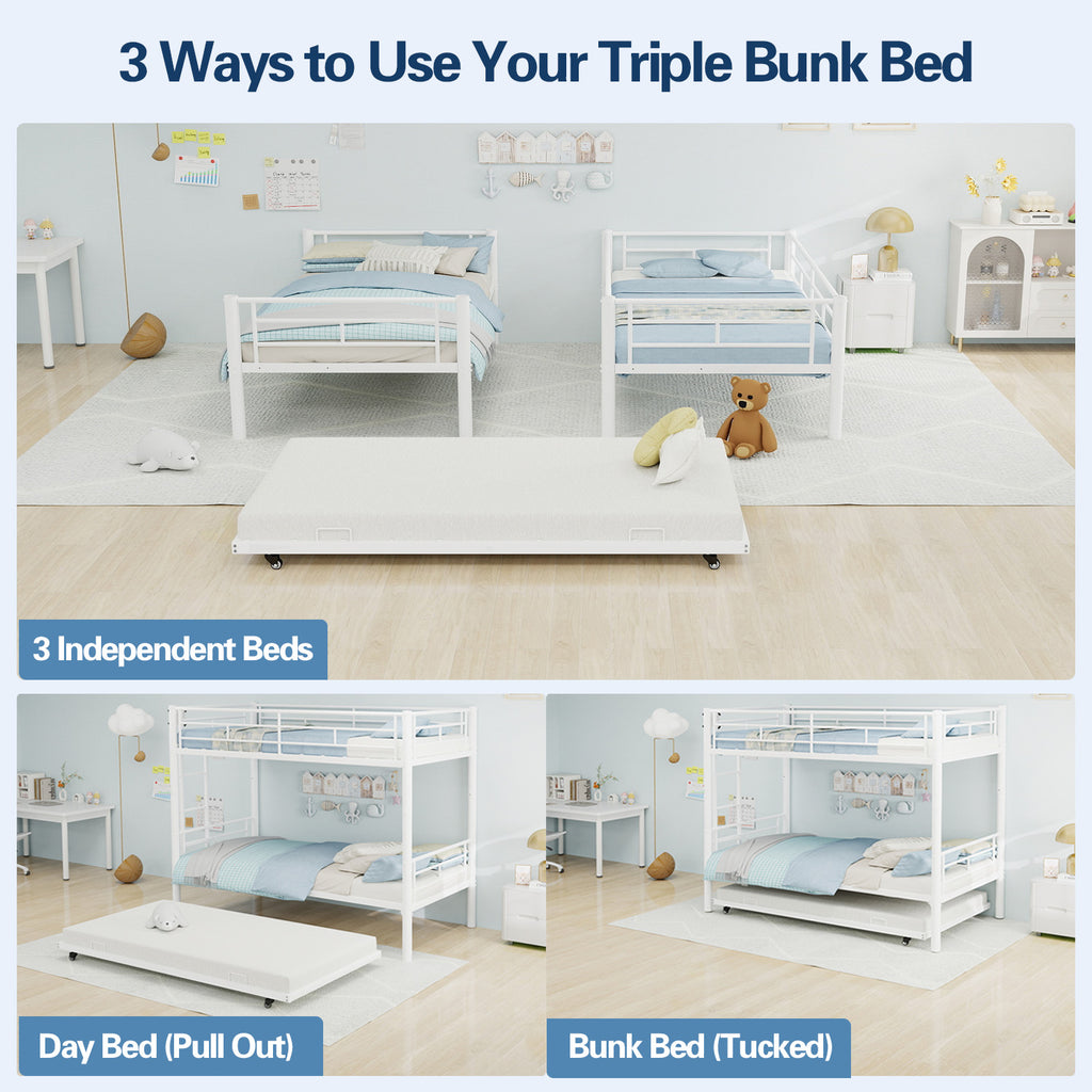 Kdymod Triple Bunk Bed Twin over Twin with Twin Trundle, Bunk Bed with Convertible 2-in-1 Design, Metal Bunk Bed Frame with Ladder & Safety Guardrail, Space-Saving for Teens and Adults, White
