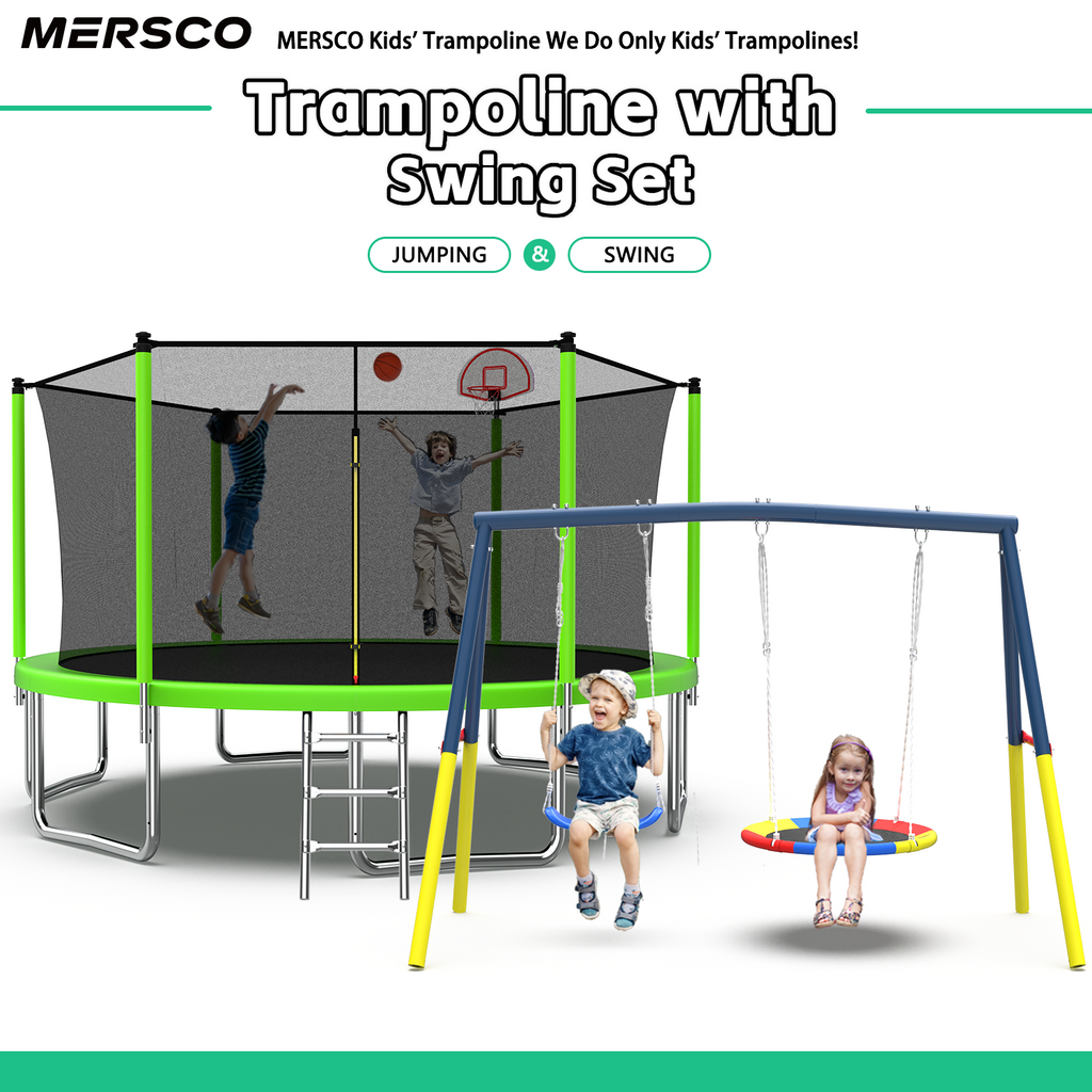 Mersco 14FT Heavy Duty Trampoline with Enclosure Net ,Swing Set Outdoor Big Trampoline for Backyard,Kids Trampoline with Basketball Hoop,Birthday and Holiday Gifts for Kids,Green