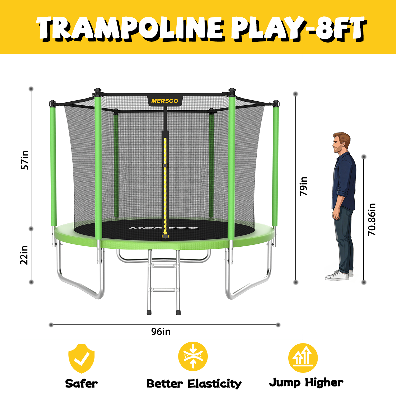 Mersco 8ft Trampoline for Kids and Adults,Outdoor Trampoline with Enclosure,Ladder,Upright-Poled Backyard Trampoline PLAY for Family Fun,Jumping Trampoline for Birthday Gift,Green