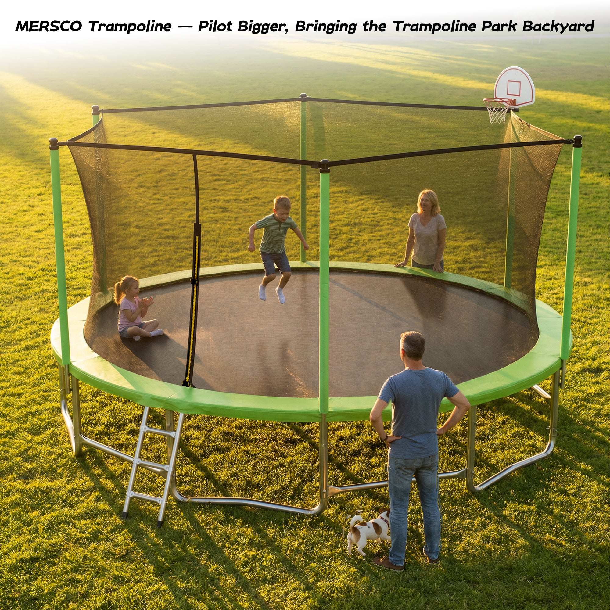 Mersco 16ft Trampoline for Kids and Adults,Outdoor Trampoline with Enclosure,Basketball Hoop and Ladder,Upright-Poled Backyard Trampoline,Jumping Trampoline PLAY for Boys and Girl Birthday Gift,Green