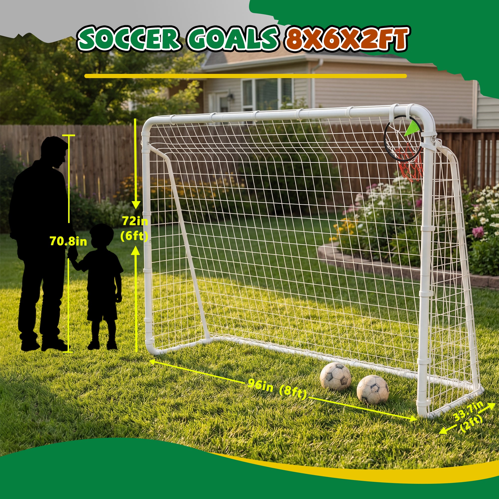 Mersco 8 x 6FT Portable Soccer Goals,Backyard Kids Soccer Net with High-Strength Nets,Soccer Durable Post for Adults Outdoor's Practice Training,Toddler Soccer Toddler Goal for Sports Games,White