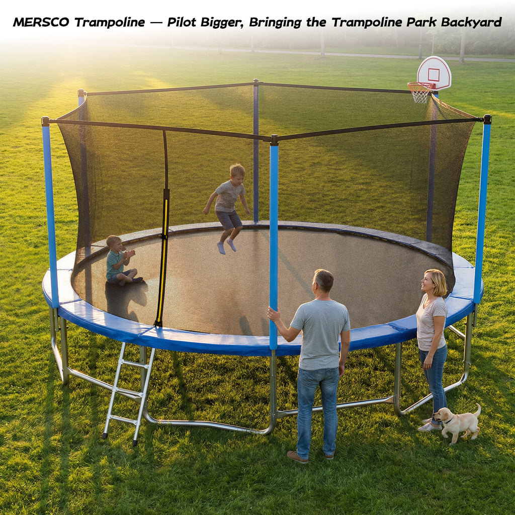 Mersco 16ft Trampoline for Kids and Adults,Outdoor Trampoline with Enclosure,Basketball Hoop and Ladder,Upright-Poled Backyard Trampoline,Jumping Trampoline PLAY for Boys and Girls Birthday Gift,Blue