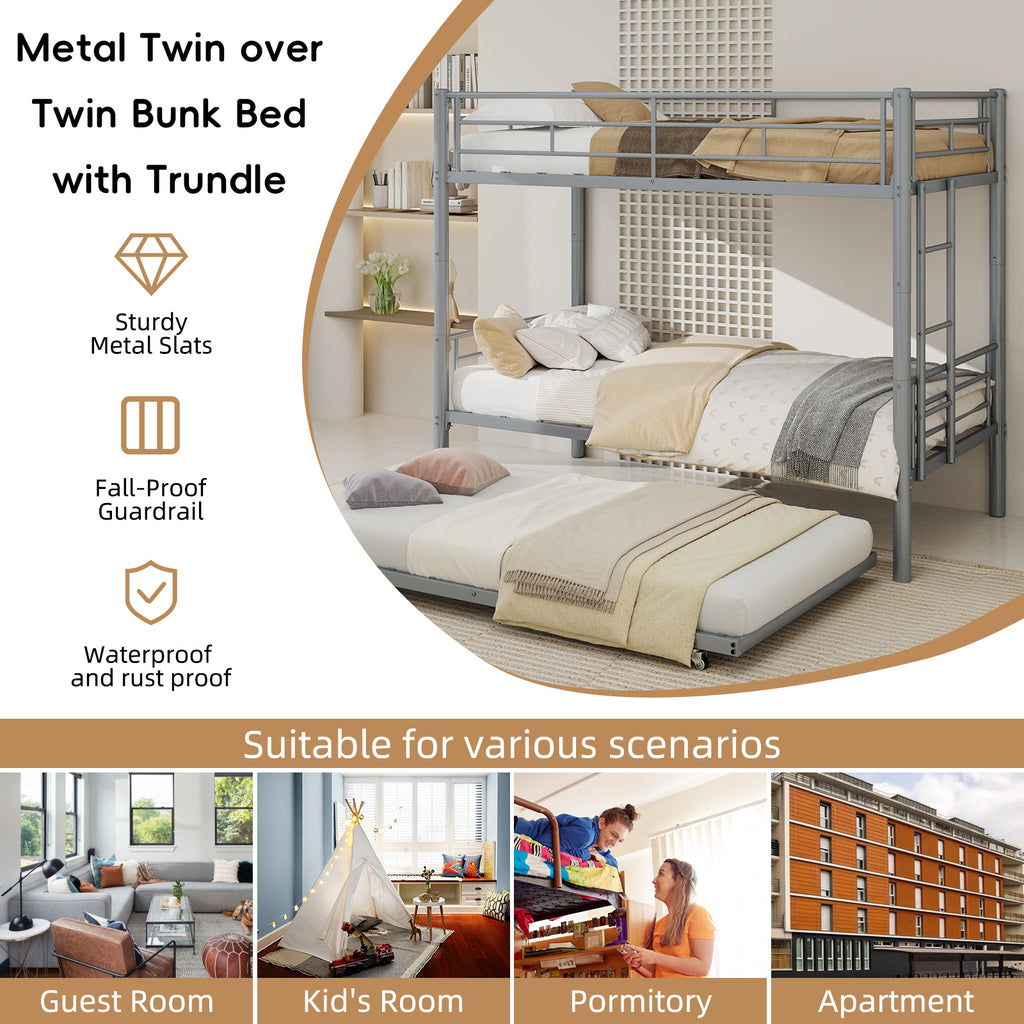 Uiowio Triple Bunk Bed Twin over Twin with Trundle,Triple Twin Bunk Bed with Ladder & Guardrail,Metal Convertible Triple Bunk Bed Frame for Teen & Adult,Bedroom,Dorm,Silver(Mattress not included)