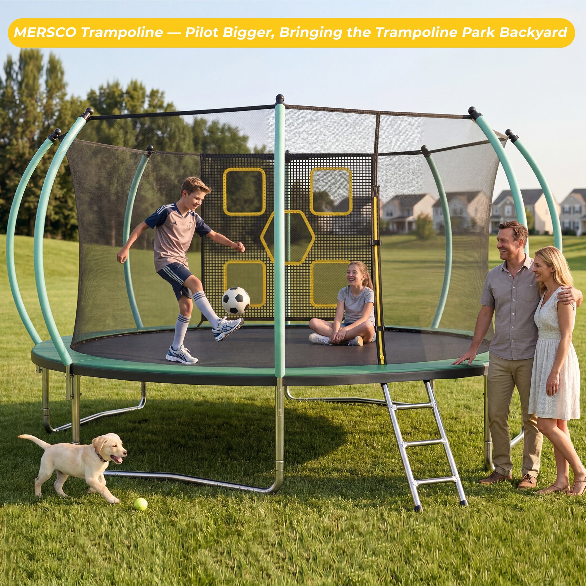 Mersco 14FT Trampoline for Kids with Mulifunctional Target Cloth,Outdoor Recreational Trampolines with Enclosure Net, Ladder for family Fun,Jumping Trampoline SPACE for Boys and Girls Birthday Gifts