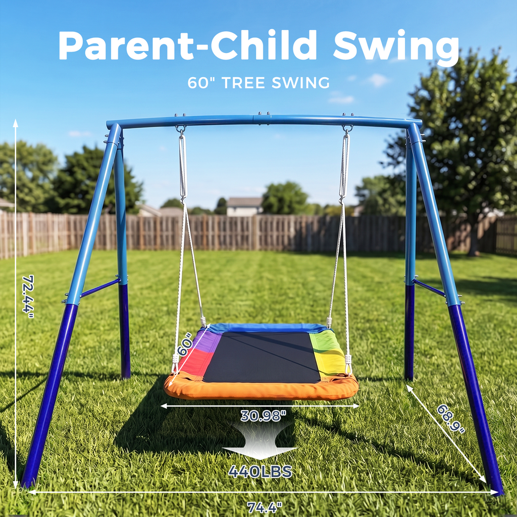 Kdymod 60 Inch Rectangular Platform Swing Set, PP + 900D Oxford Cushion, Metal A-Frame Swing for Backyard, 440 Lbs Capacity, Adjustable Ropes & Ground Nails, Blue