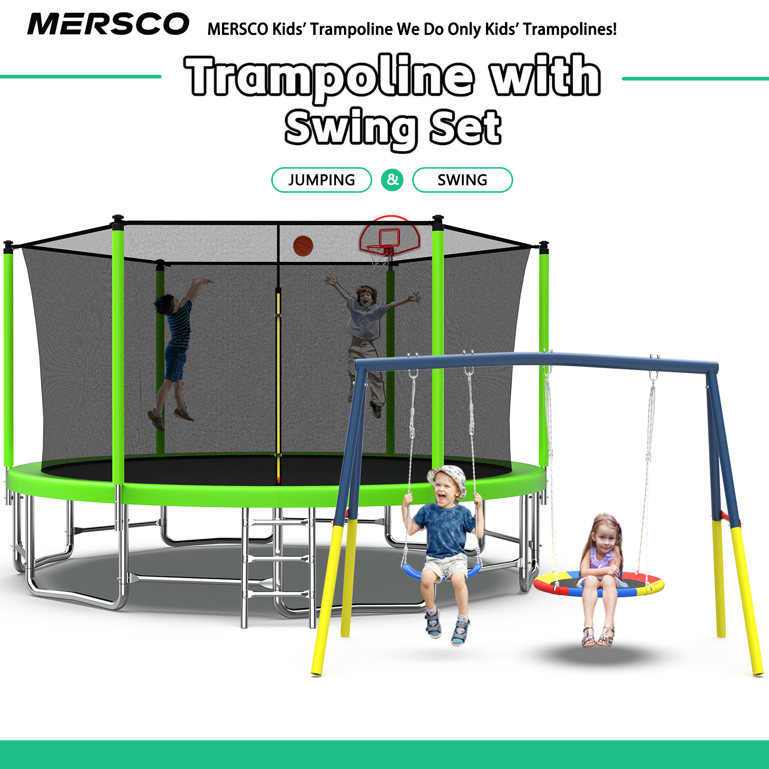 Mersco 16FT Heavy Duty Trampoline with Enclosure Net , Swing Set Outdoor Big Trampoline for Backyard,Kids Trampoline with Basketball Hoop,Birthday and Holiday Gifts for Kids,Green