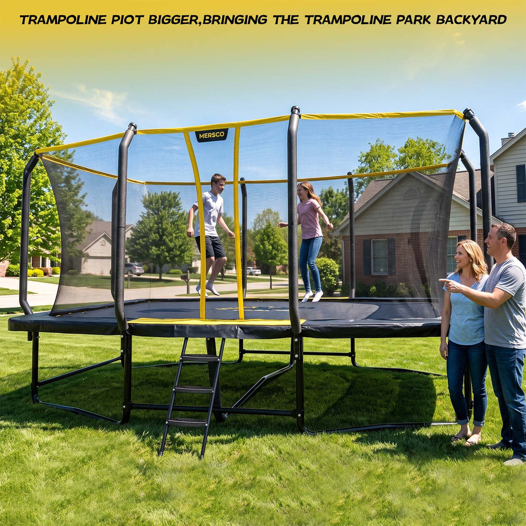 Mersco 10x17FT Kids Adults Trampoline, Heavy Duty Outdoor Trampoline with Safety Enclosure Net and Upgraded Ladder for Backyard Family Fun, Fitness Trampoline MAX