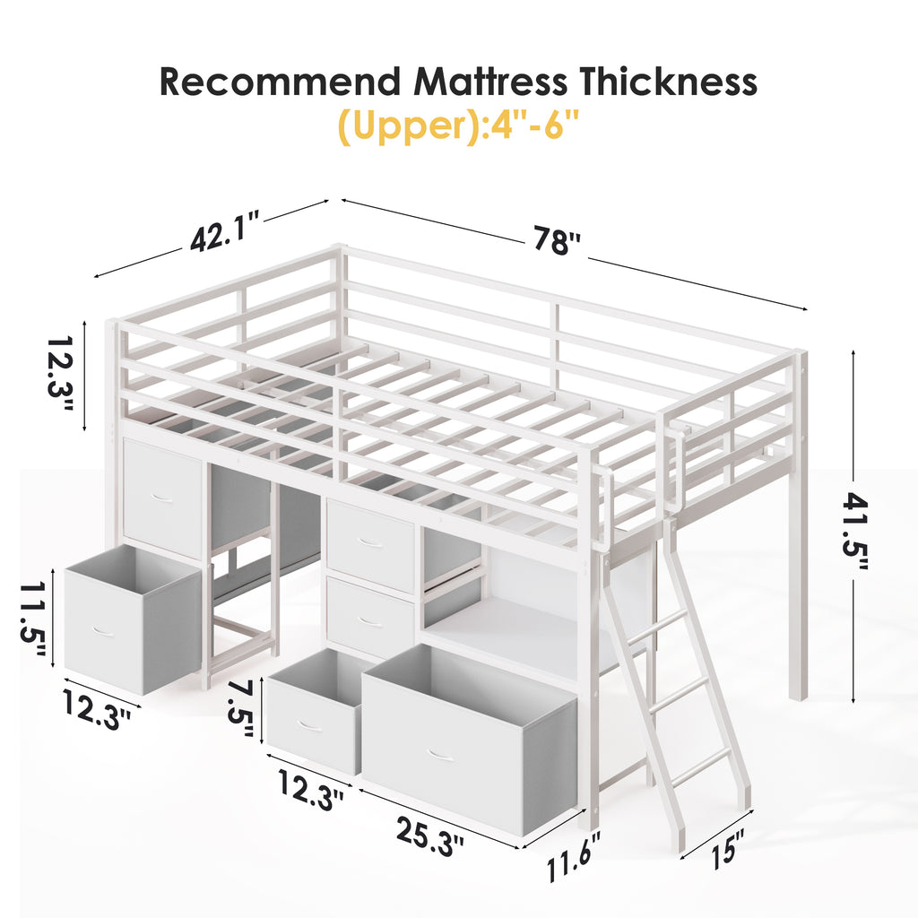 Kdymod Twin Loft Bed with 6 Storage Drawers & Shelf, Loft Bed with LED Lights & Play Curtain, Metal Loft Bed Frame with Ladder & Safety Guardrail, White
