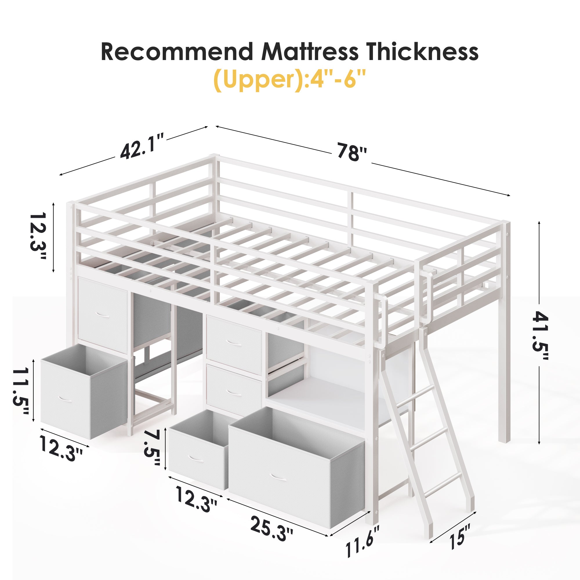 Kdymod Twin Loft Bed with 6 Storage Drawers & Shelf, Loft Bed with LED Lights & Play Curtain, Metal Loft Bed Frame with Ladder & Safety Guardrail, White