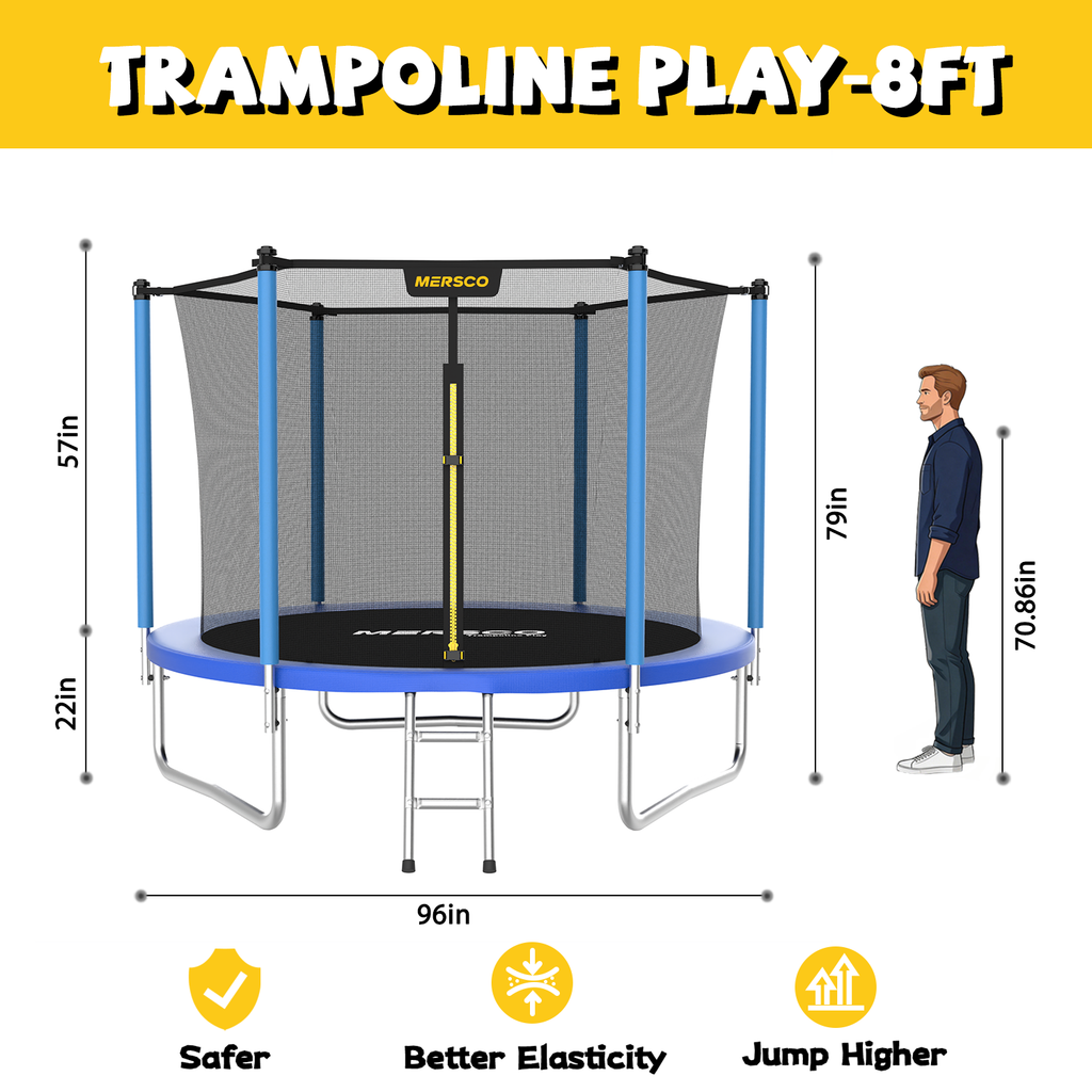 Mersco 8ft Trampoline for Kids,Outdoor Trampoline with Enclosure, Ladder,Upright-Poled Backyard Trampoline PLAY for Family Fun,Jumping Trampoline for Birthday Gifts,Blue