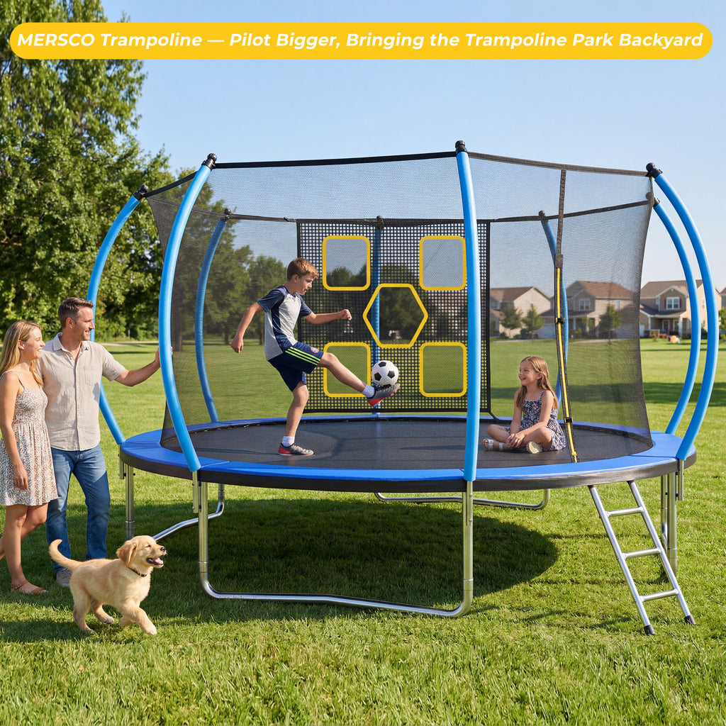 Mersco 14FT Trampoline for Kids with Mulifunctional Target Cloth,Outdoor Recreational Trampolines with Enclosure Net ,Ladder,Jumping Trampoline Space for Boys and Girls Birthday Festival Gifts,Blue