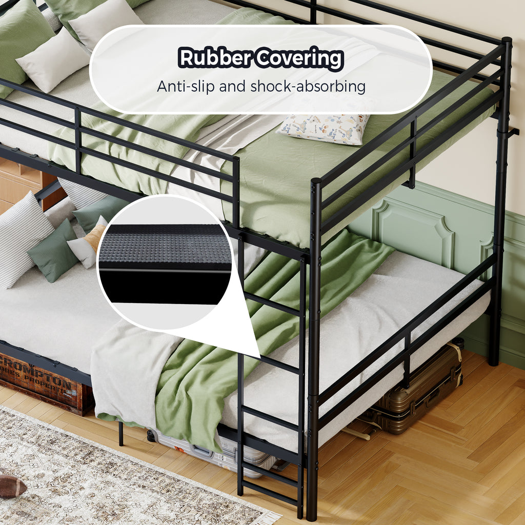 Kdymod Queen over Queen Metal Bunk Bed with Storage, Converts to 2 Separate Beds, Heavy-Duty & Space-Saving Bed Frame with Built-in Ladder & Safety Guardrail, Black