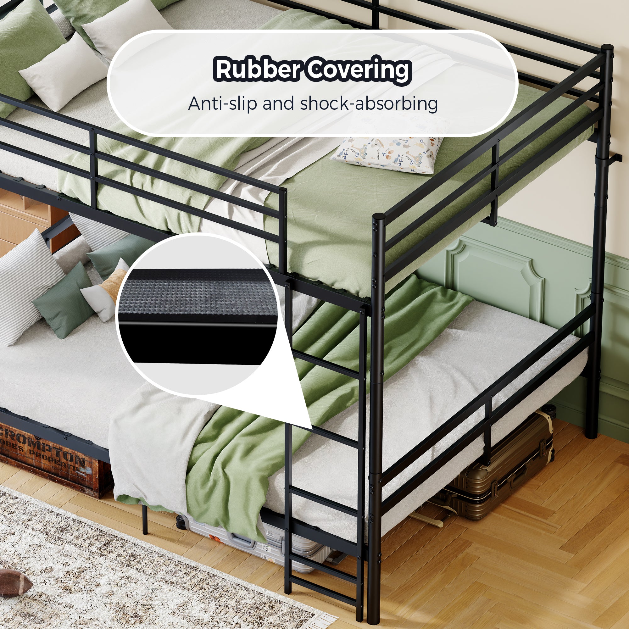 Kdymod Queen over Queen Metal Bunk Bed with Storage, Converts to 2 Separate Beds, Heavy-Duty & Space-Saving Bed Frame with Built-in Ladder & Safety Guardrail, Black