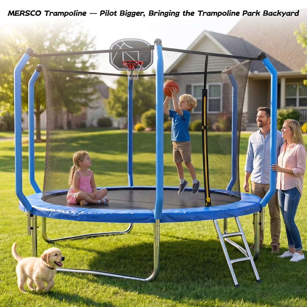 Mersco 10ft Trampoline for Kids and Adults,No-Gap Design Outdoor Trampoline with Basketball Hoop,Enclosure Net and Ladder,Jumping Trampoline SUPER for Boys and Girls Birthday Gift,Blue