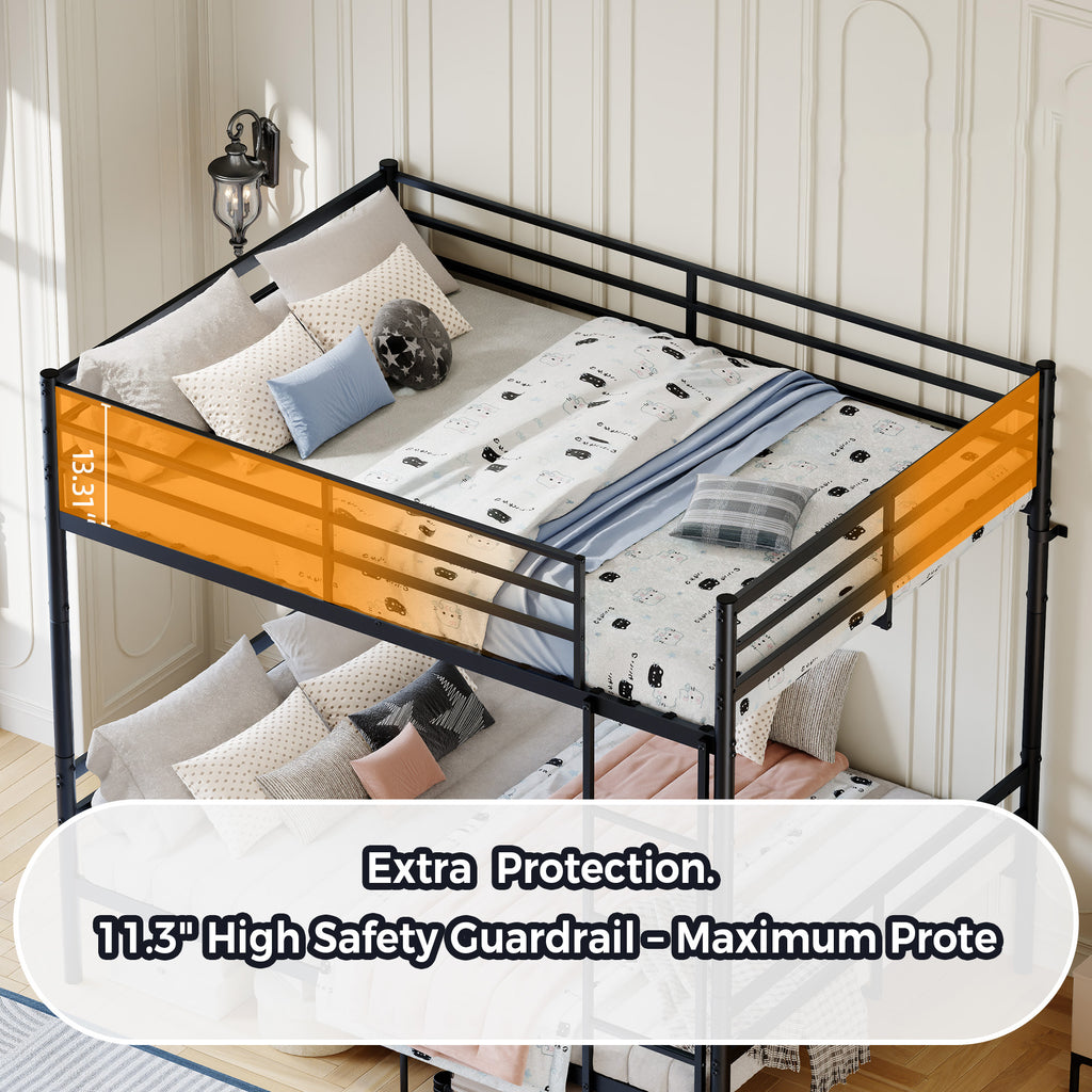 Kdymod Full over Full Metal Bunk Bed with Storage, Converts to 2 Separate Beds, Heavy-Duty & Space-Saving Bed Frame with Built-in Ladder & Safety Guardrail, Black