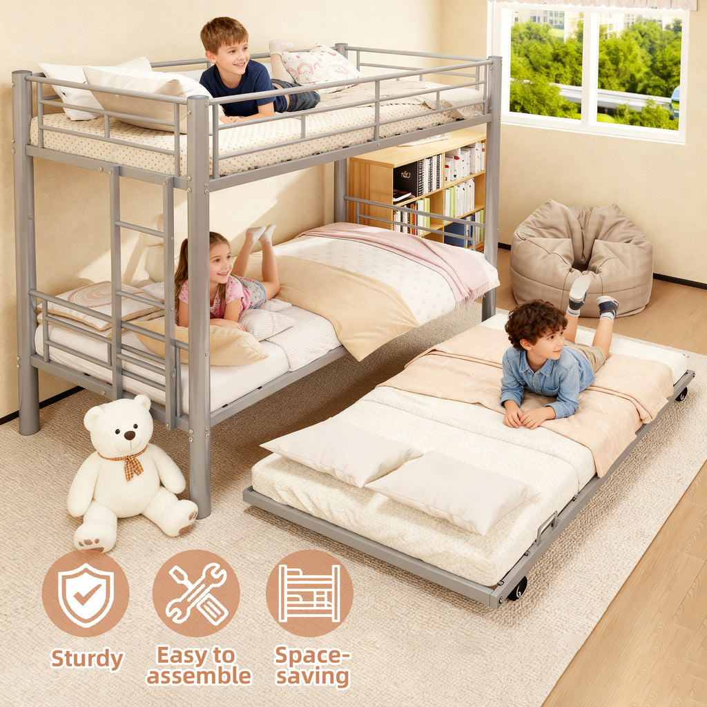 Kdymod Triple Bunk Bed Twin over Twin with Trundle, Convertible Metal Bunk Bed Frame with Ladder & Safety Guardrail, Space-Saving for Teens and Adults, Bedroom Dorm, Silver