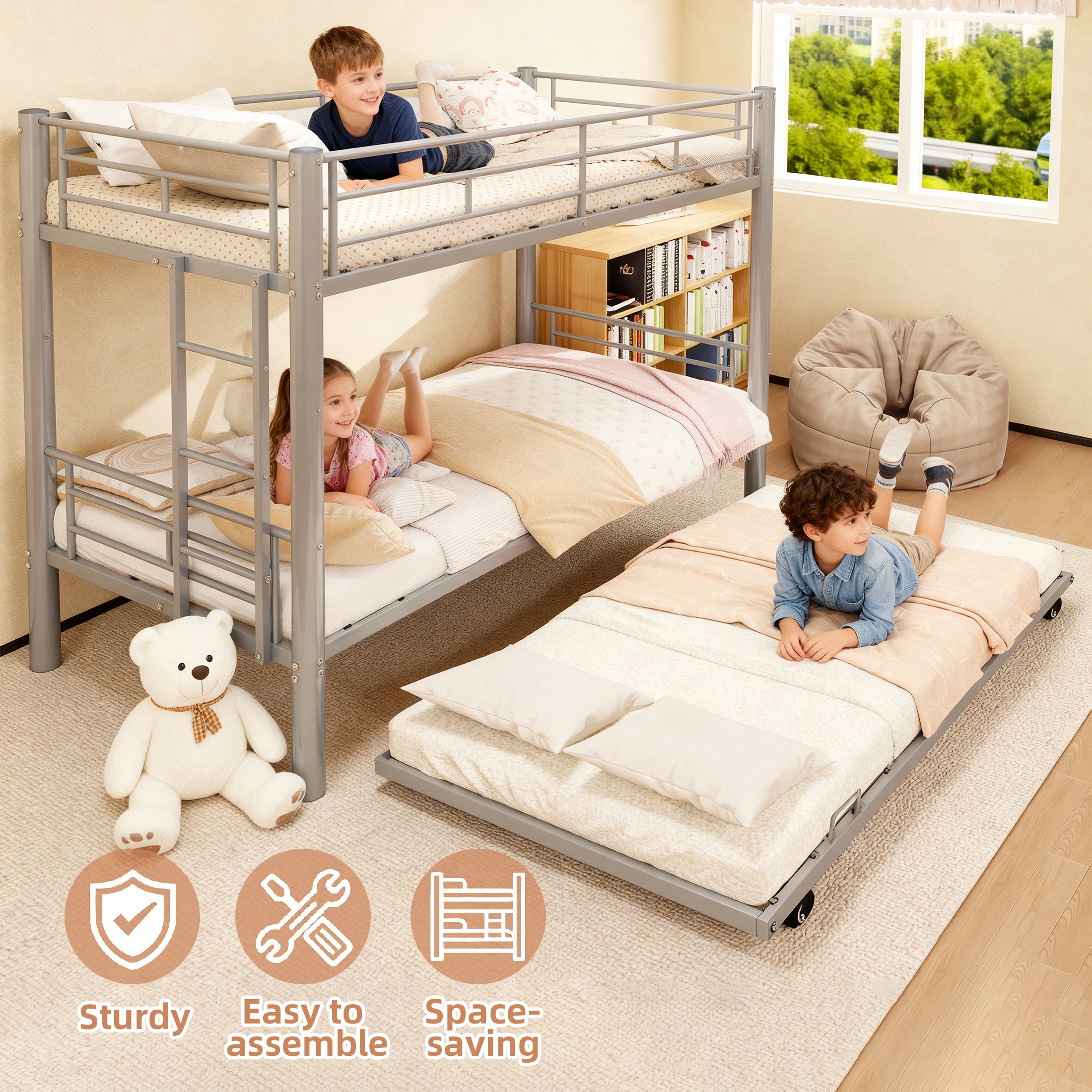 Kdymod Triple Bunk Bed Twin over Twin with Trundle, Convertible Metal Bunk Bed Frame with Ladder & Safety Guardrail, Space-Saving for Teens and Adults, Bedroom Dorm, Silver