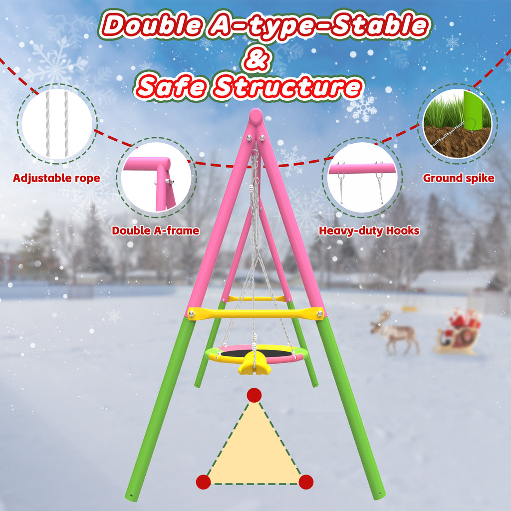 Mersco 2-in-1 Swing Set for Backyard with Stand, Swing Heavy Duty 440lbs Metal Outdoor Swing Stand, Contain 1 Saucer 32" & 1 Belt Seat 26.2" for Playground, Backyard Playset,Pink