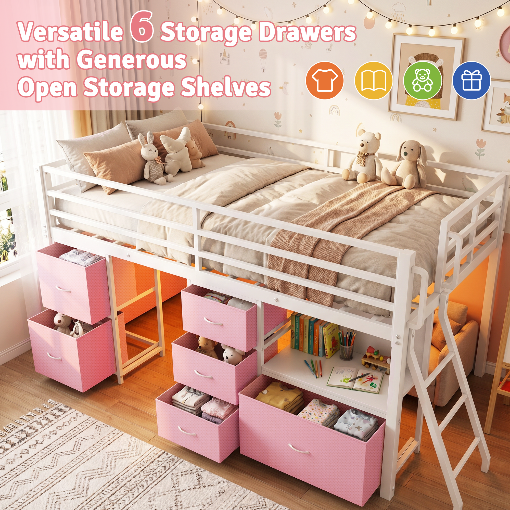 Kdymod Full Loft Bed with 6 Storage Drawers & Shelf, Loft Bed with LED Lights & Play Curtain, Metal Loft Bed Frame with Ladder & Safety Guardrail, Pink