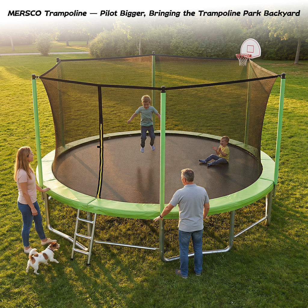 Mersco 15ft Trampoline for Kids and Adults,Outdoor Trampoline with Enclosure,Basketball Hoop and Ladder,Upright-Poled Backyard Trampoline,Jumping Trampoline PLAY for Boys and Girl Birthday Gift,Green