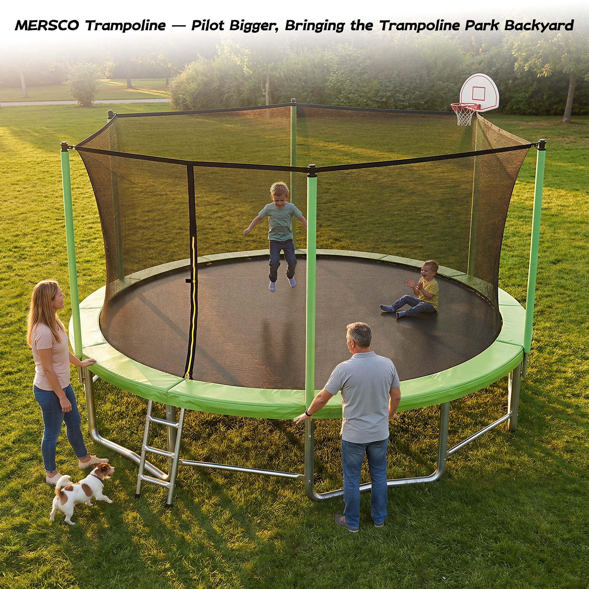 Mersco 15ft Trampoline for Kids and Adults,Outdoor Trampoline with Enclosure,Basketball Hoop and Ladder,Upright-Poled Backyard Trampoline,Jumping Trampoline PLAY for Boys and Girl Birthday Gift,Green