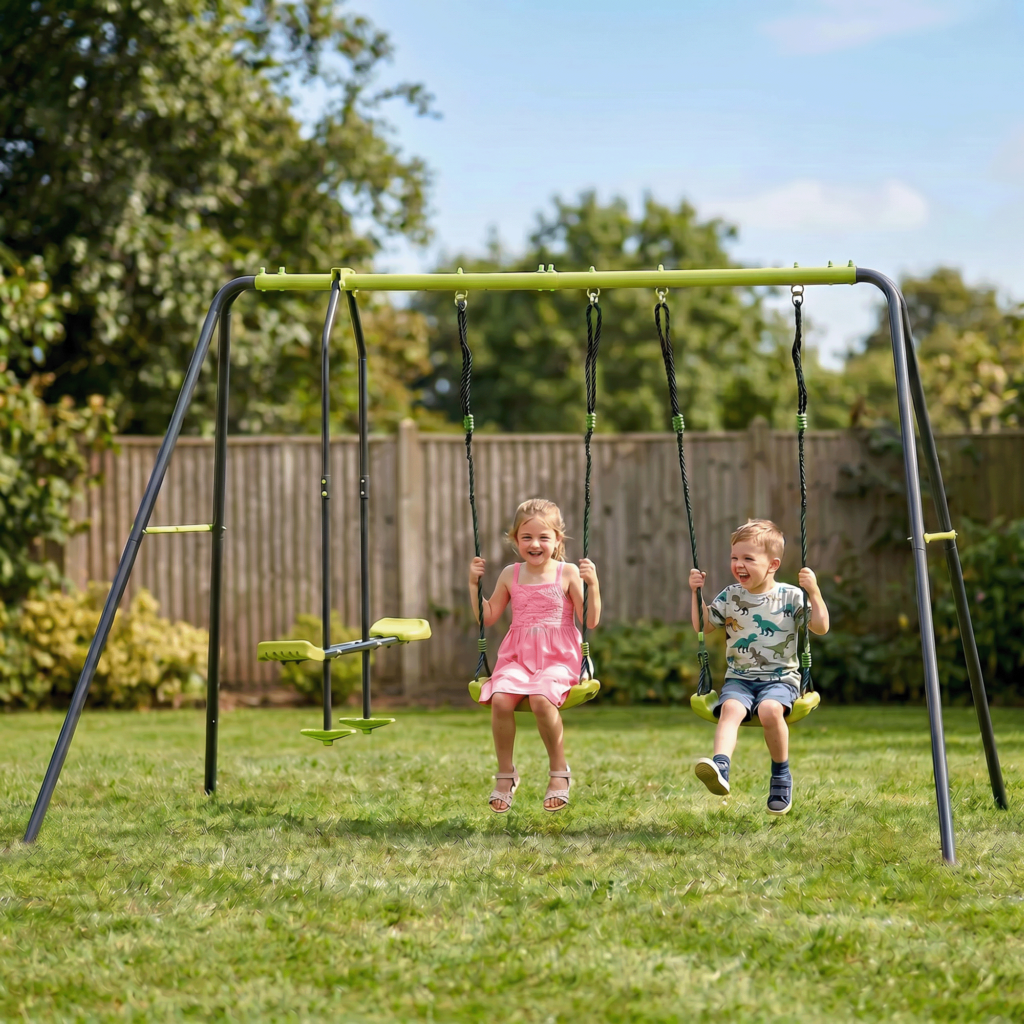 Mersco 3 in 1 Kids Metal Swing Seat for Backyard, Heavy-Duty Outdoor Playsets for Playground ,Outside Toys with Teeter-Totter and Two swing for Aged 3+,Green