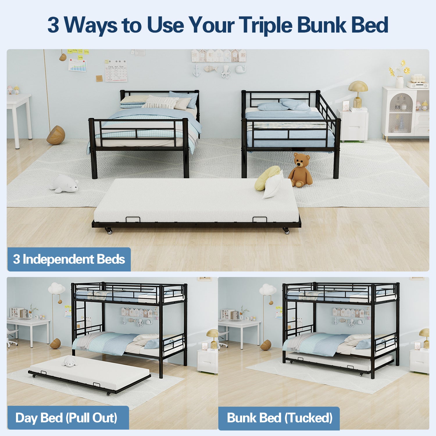 Kdymod Triple Bunk Bed Twin over Twin with Twin Trundle, Bunk Bed with Convertible 2-in-1 Design, Metal Bunk Bed Frame with Ladder & Safety Guardrail, Space-Saving for Teens and Adults, Black