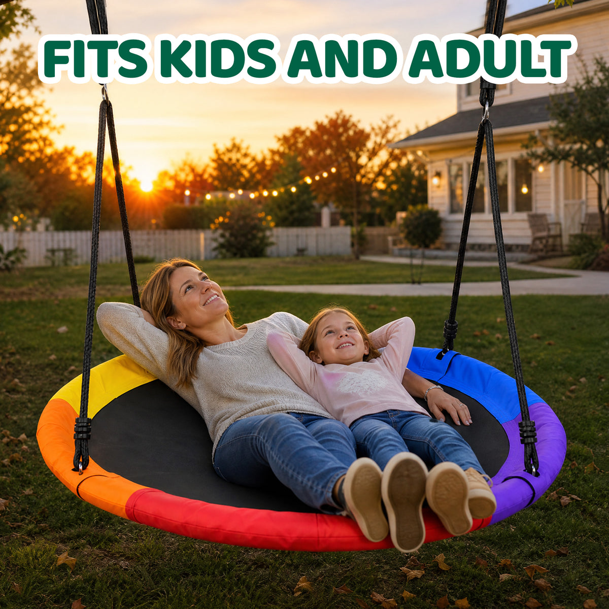 Mersco 48"Swing Set for Backyard with Stand,440 LBS Saucer Swing for Kids Outdoor with Heavy-Duty Metal Frame & Adjustable Ropes Round Swing,Green
