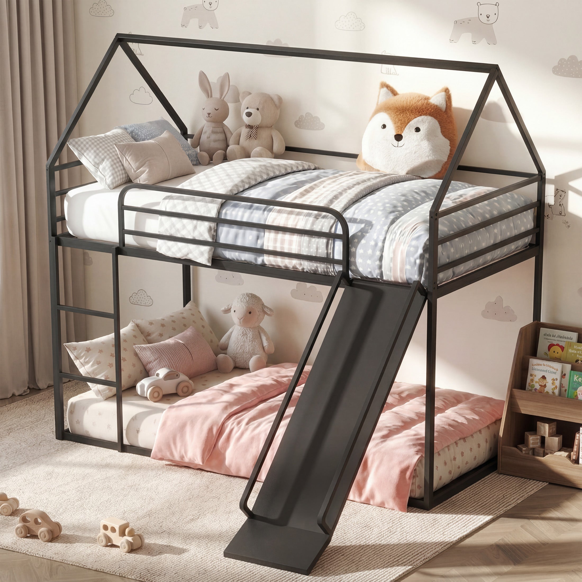 Uiowio Twin over Twin Bunk Bed with Stairs, Floor Bunk Bed Frame with Convertible Slide, Heavy Duty Metal Low Bed with House Shape and Roof, Black