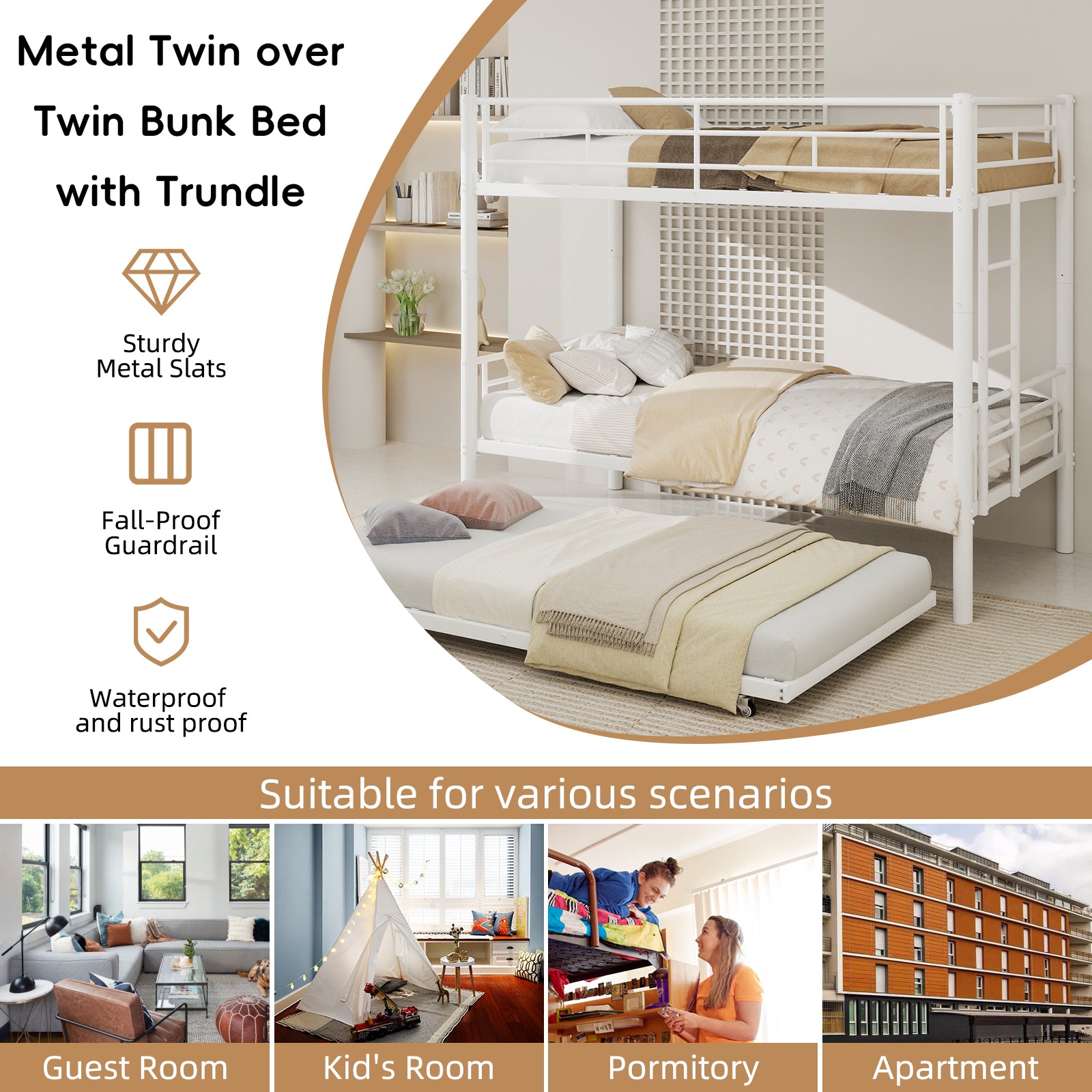 Uiowio Triple Bunk Bed Twin over Twin with Trundle,Triple Twin Bunk Bed with Ladder & Guardrail,Metal Convertible Triple Bunk Bed Frame for Teen & Adult,Bedroom,Dorm,White (Mattress not included)