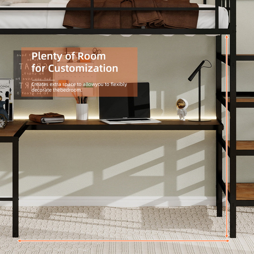 Uiowio Twin Loft Bed with L-Shaped Desk & Large Storage, Space-Saving Loft Bed Frame with Stairs & Continuous Guard Railing, Black