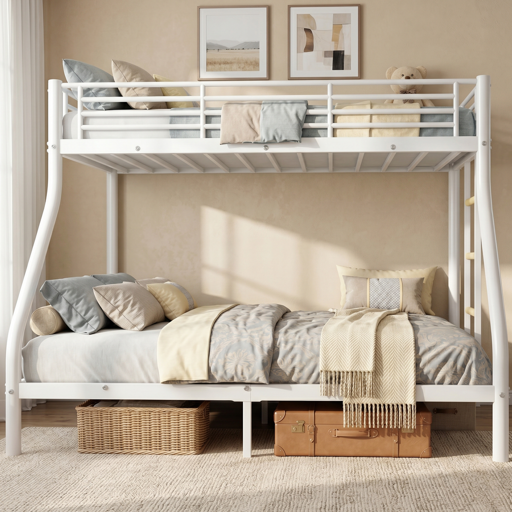 Kdymod Twin XL over Queen Metal Bunk Bed with Stairs & Storage, Heavy Duty Bed Frame for Adults & Teens, Includes 2 6" Memory Foam Mattresses, No Box Spring Needed, White
