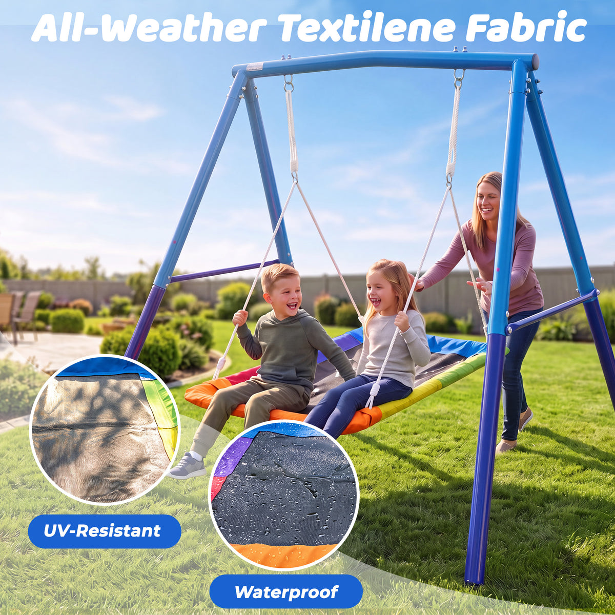MERSCO 60" Extra Large Rectangle Swing Set with Stand, Heavy Duty Double A-Frame Metal Swing for Kids Ages 3-10, 440 lbs Capacity, 900D Oxford Rectangle Swing Seat, Outdoor Backyard Playset
